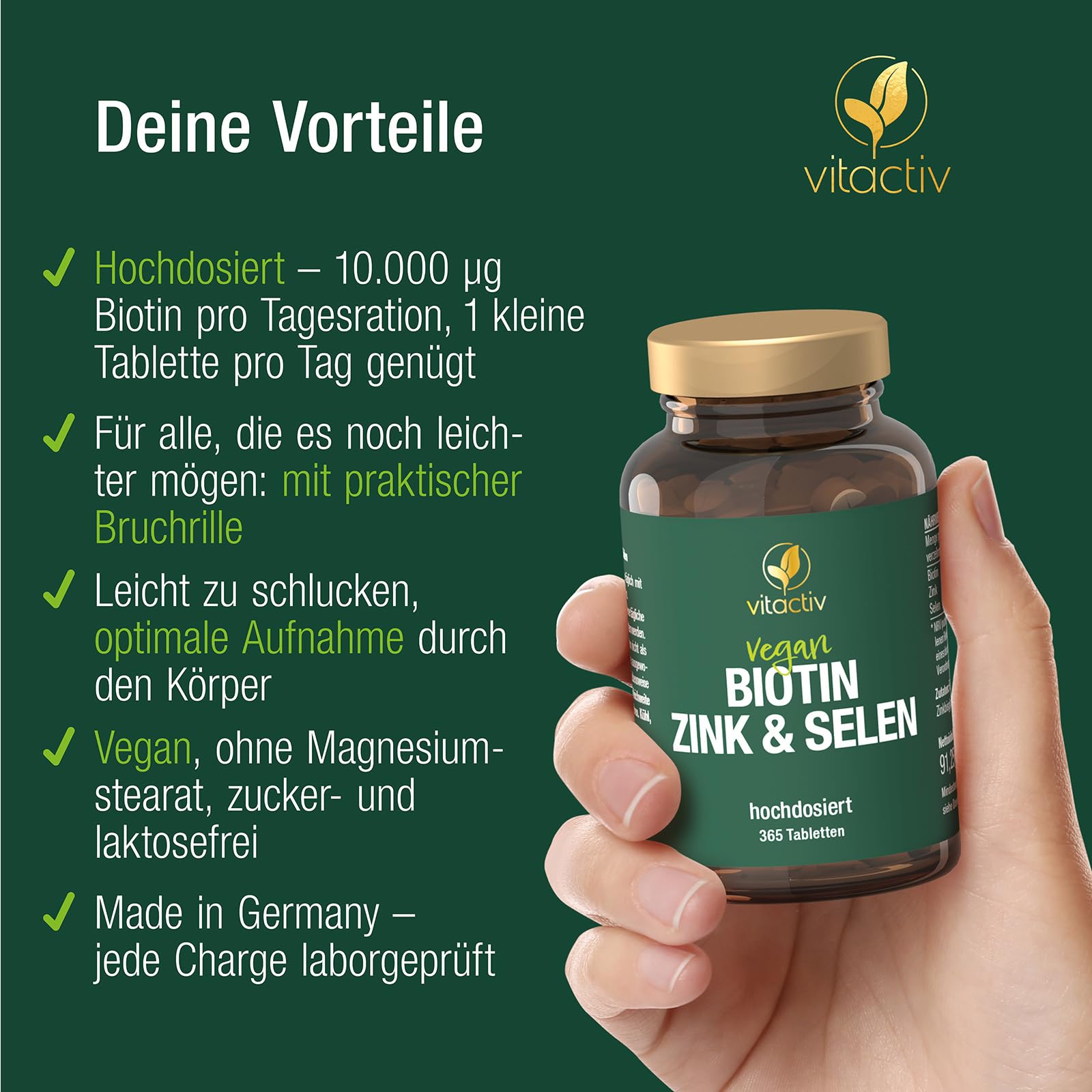 VITACTIV Biotin Zink Selen - Haut Haare Nägel Tabletten, Hochdosiert mit 10000 mcg Biotin pro Tagesverzehr - Herstellung in Deutschland, Laborgeprüft - Vegan, Zuckerfrei - 1095 Stück, Jahresvorrat
