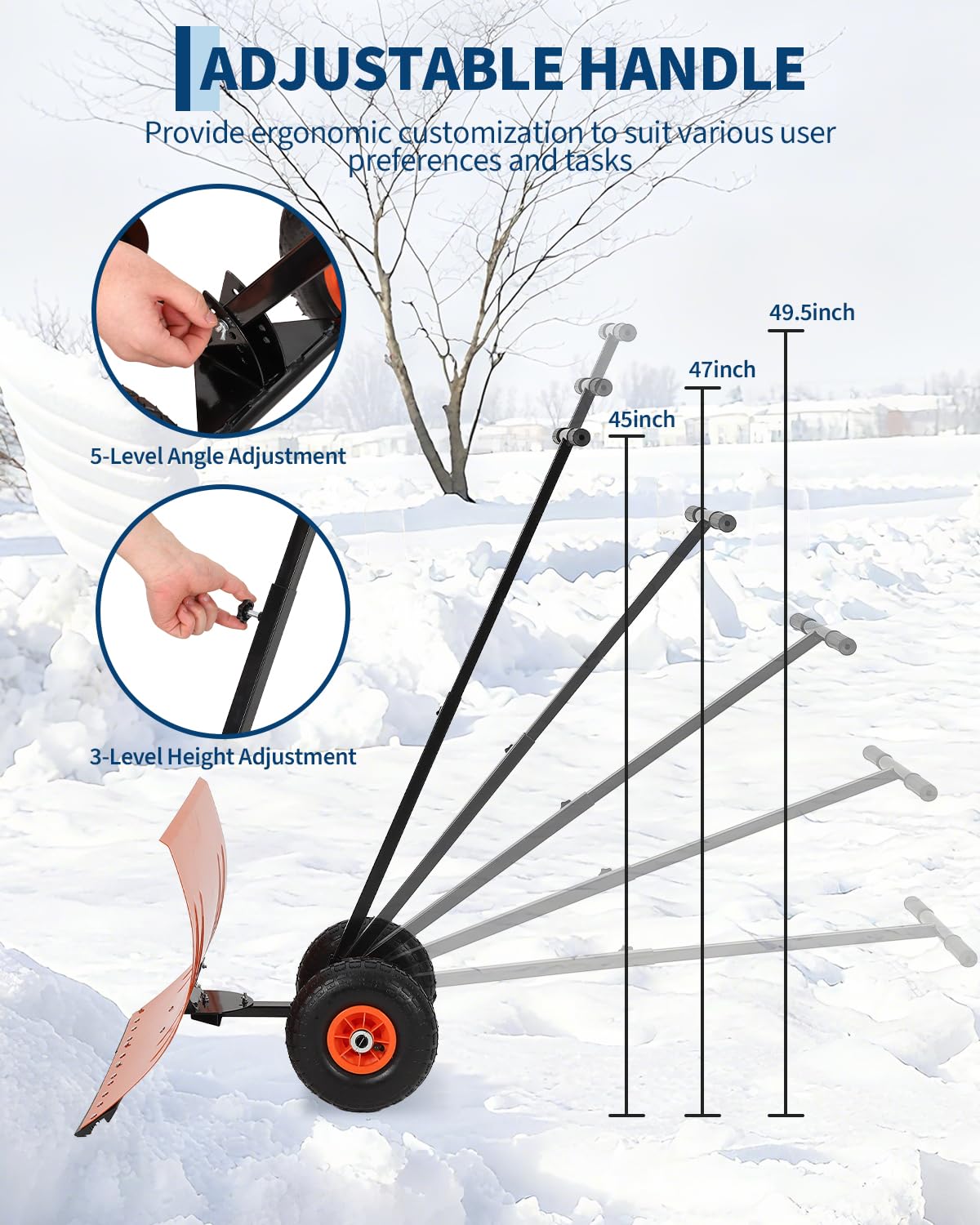 Garvee Pala de Nieve con Ruedas de Acero de un Solo Poste, Quitanieves Manual con Tira de Goma, Empujador de Nieve de Metal Ajustable con Neumáticos de Caucho para Limpieza Exterior, Naranja