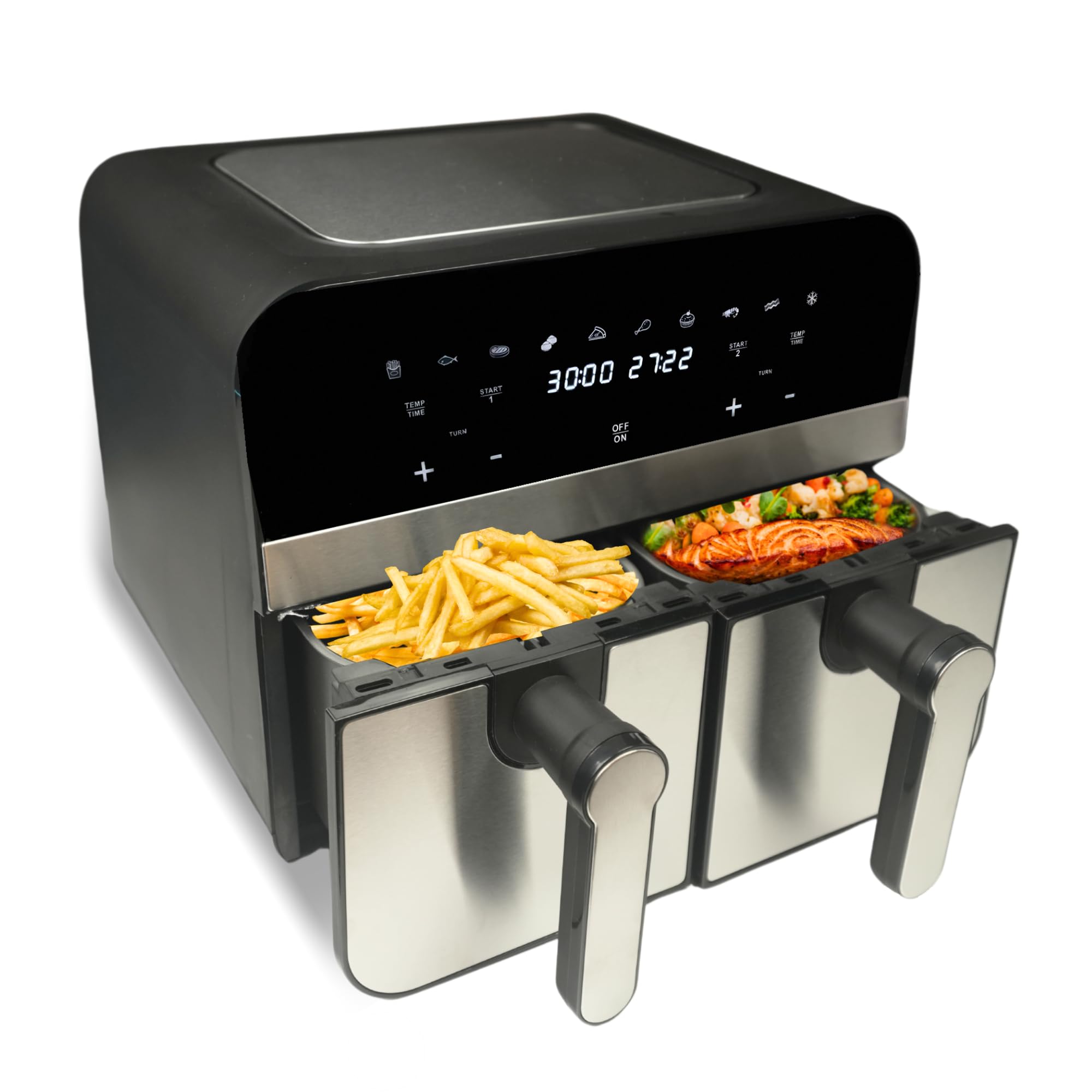 Comfy Nest, CNAFD45NS, Friggitrice ad aria calda, Friggitrice ad aria, doppio cestello digitale 2400W 9L in acciaio inox, cottura sana e veloce, ideale per i tuoi pasti in famiglia, 9L, argento