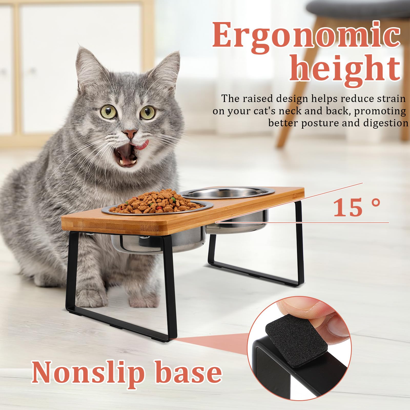 Veemoon Cuencos Elevados para Gatos con Soporte Antideslizante, Doble Cuenco de Acero Inoxidable para Comida y Agua, Tamaño Mediano, Estación de Alimentación Cómoda para Gatos y Perros