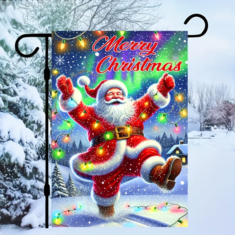 Image of BlissYard Christmas Garden Flag 12x18 Inch Santa Snow Lights Yard Decor | Double sided polyester, santa snow lights design, cheerful holiday home decor for Christmas porch and yard