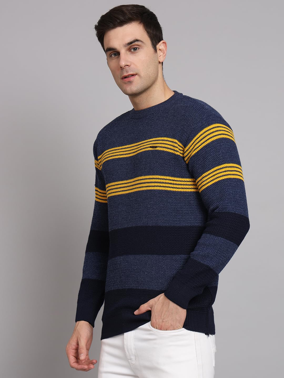 eWools Men's Winterwear Woolen Striped Round Neck Cardigans Sweaters (Blue, Large) - Image 4 thumbnail