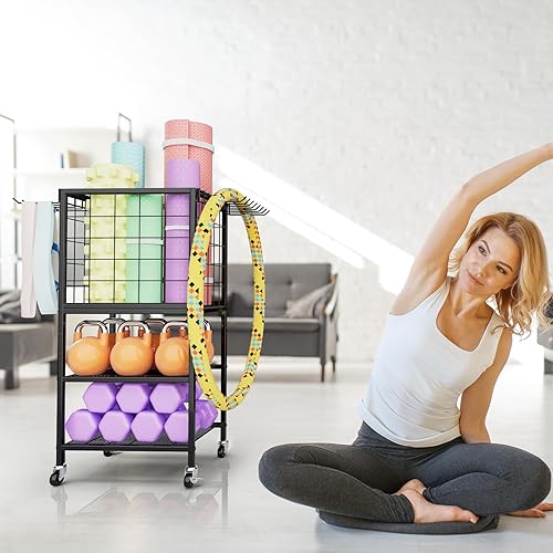 Miniatura 5 de Soporte de pesas para gimnasio en casa con ganchos de almacenamiento, organizador para mancuernas, bandas de resistencia y esterilla de yoga