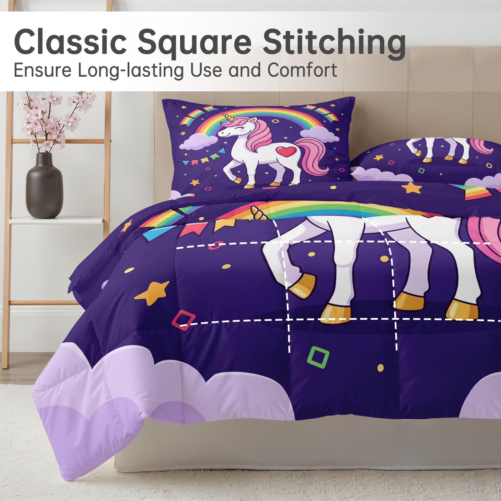 Einhorn Kinder Bettdecke 135x200 - Mädchen Regenbogen Wolken Deko, 4 Jahreszeiten Bettdecken 135 x 200, Steppdecke Ohne Bezug Nutzbar, Warme & Weiche Ganzjahresdecke mit 1 Kissenbezug