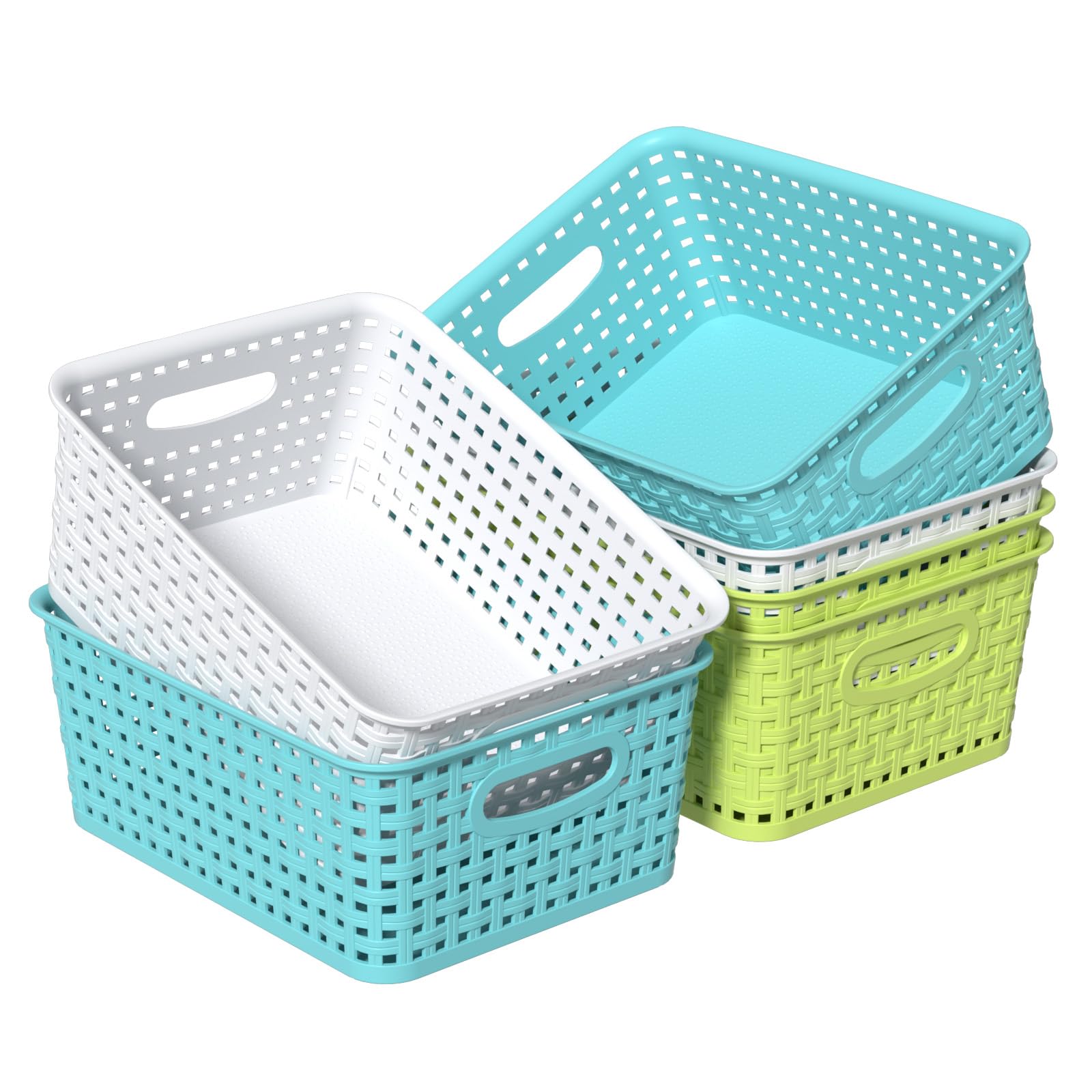 Ponpong Light Blue, Light Green, White Plastic Weave Storage Baskets Organizer, Small Storage Basket, 6 Pack