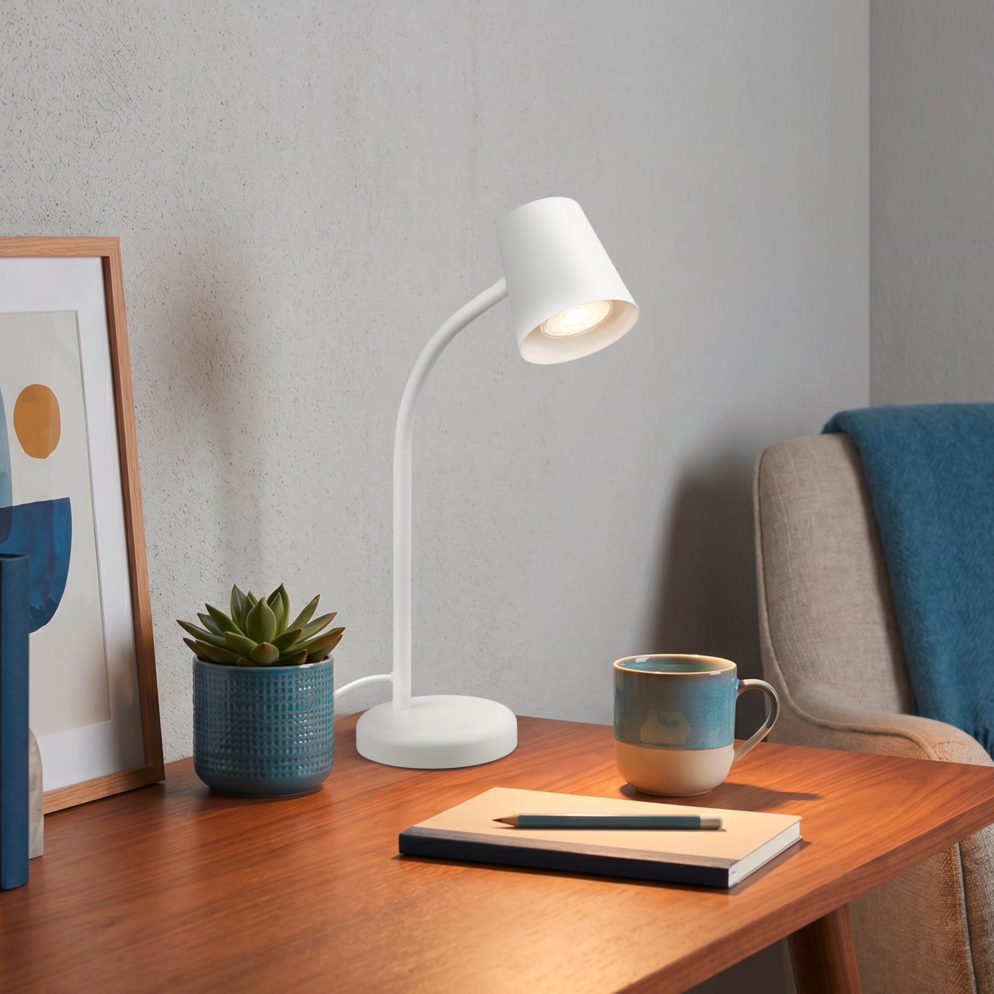 BRILONER – Lampka nocna, lampa biurkowa, obrotowa, lampa stołowa GU10 do domowego biura z przełącznikiem kablowym, lampka do czytania, biała
