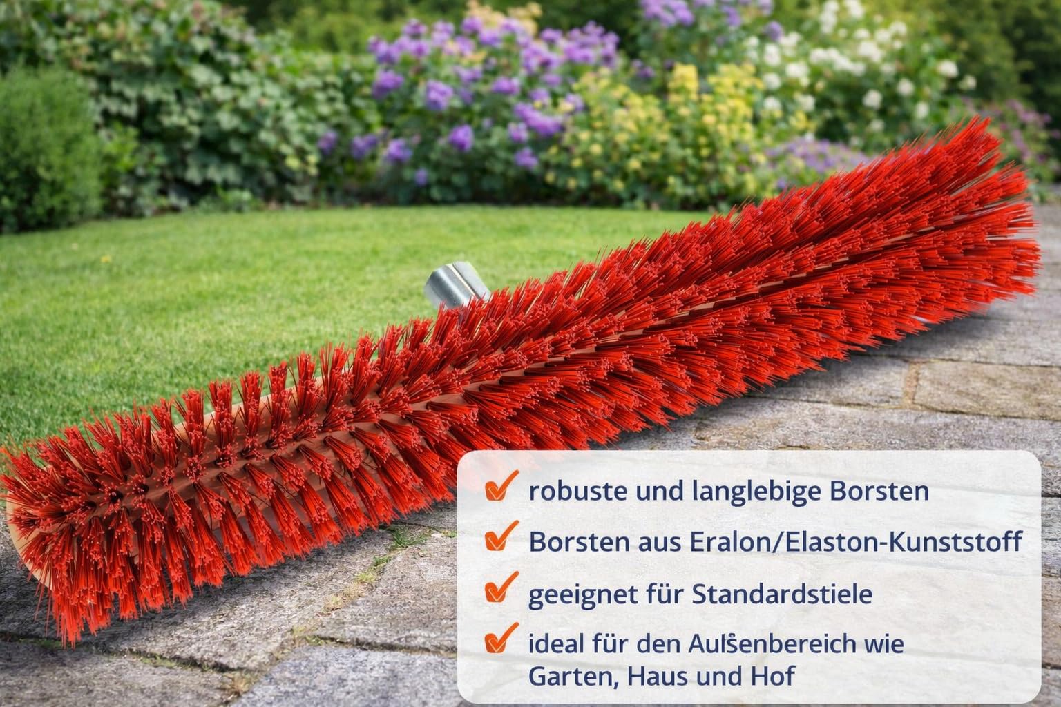 BawiTec Profi Straßenbesen, 80cm Breit, mit Stabilem Metall-Stielhalter Verschraubt, Dichte Rote Elaston-Kunststoff-Borsten, Kehrbesen, Besen, Werkstattbesen, ohne Besenstiel