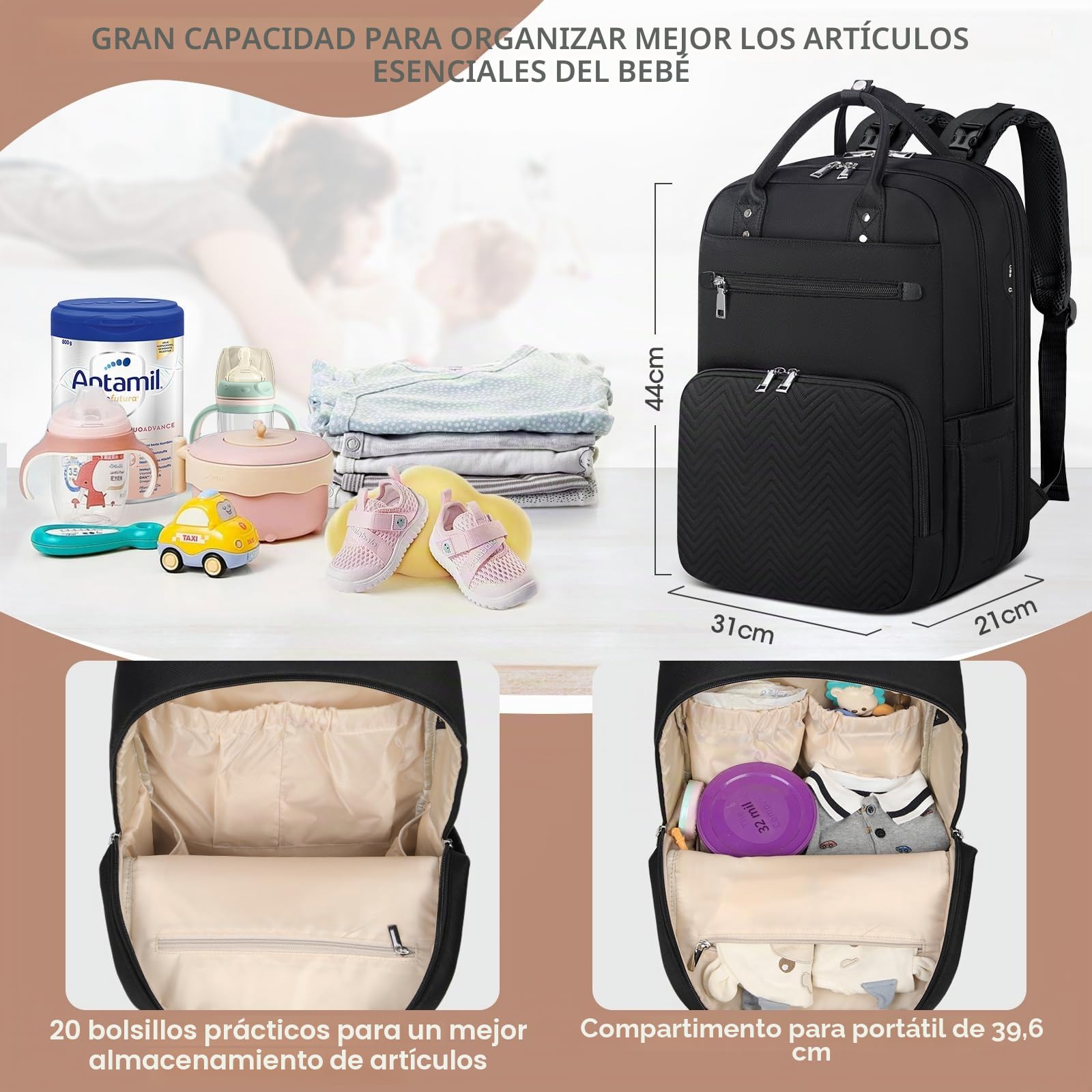 RAINSMORE Mochila Bebe Multifuncional Mochila Carro Bebe Pañaleras para Bebes con Cambiador Portátil y Correas para el Cochecito Grande Mochila Maternidad Negro