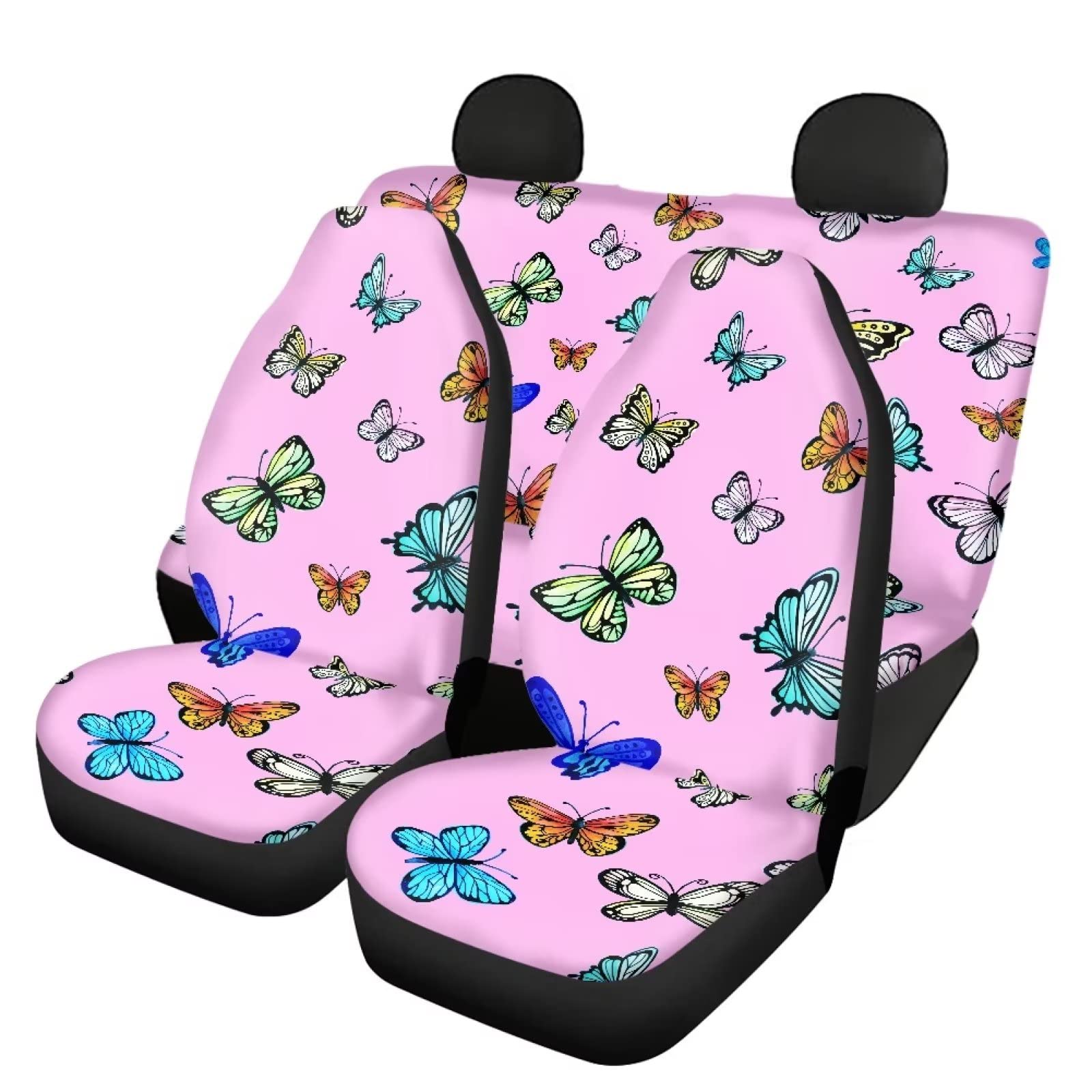 Muti-Color Butterfly Print Pink Seat Covers for Cars Full Set Elastic Durable Non Slip Two Front Seat Cover Rear Bench Universal Car Seat Protector Fit Trucks SUV Comfort Soft Automotive Seat Cover