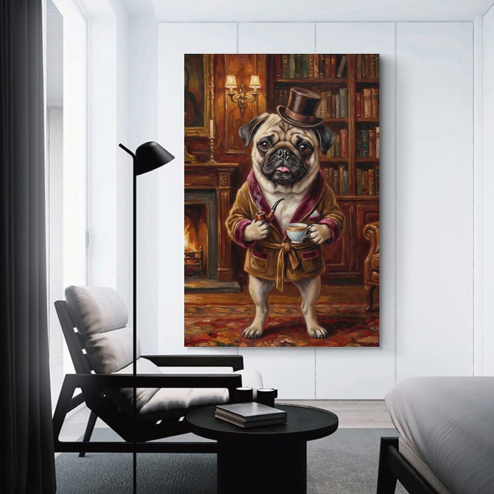 Junmoney Wall Picture Print Dapper Pug in A Library, 20x30inch(50x75cm), for Living Room, Bedroom Or Home Office, Home Decor Gift with Stylish Appeal