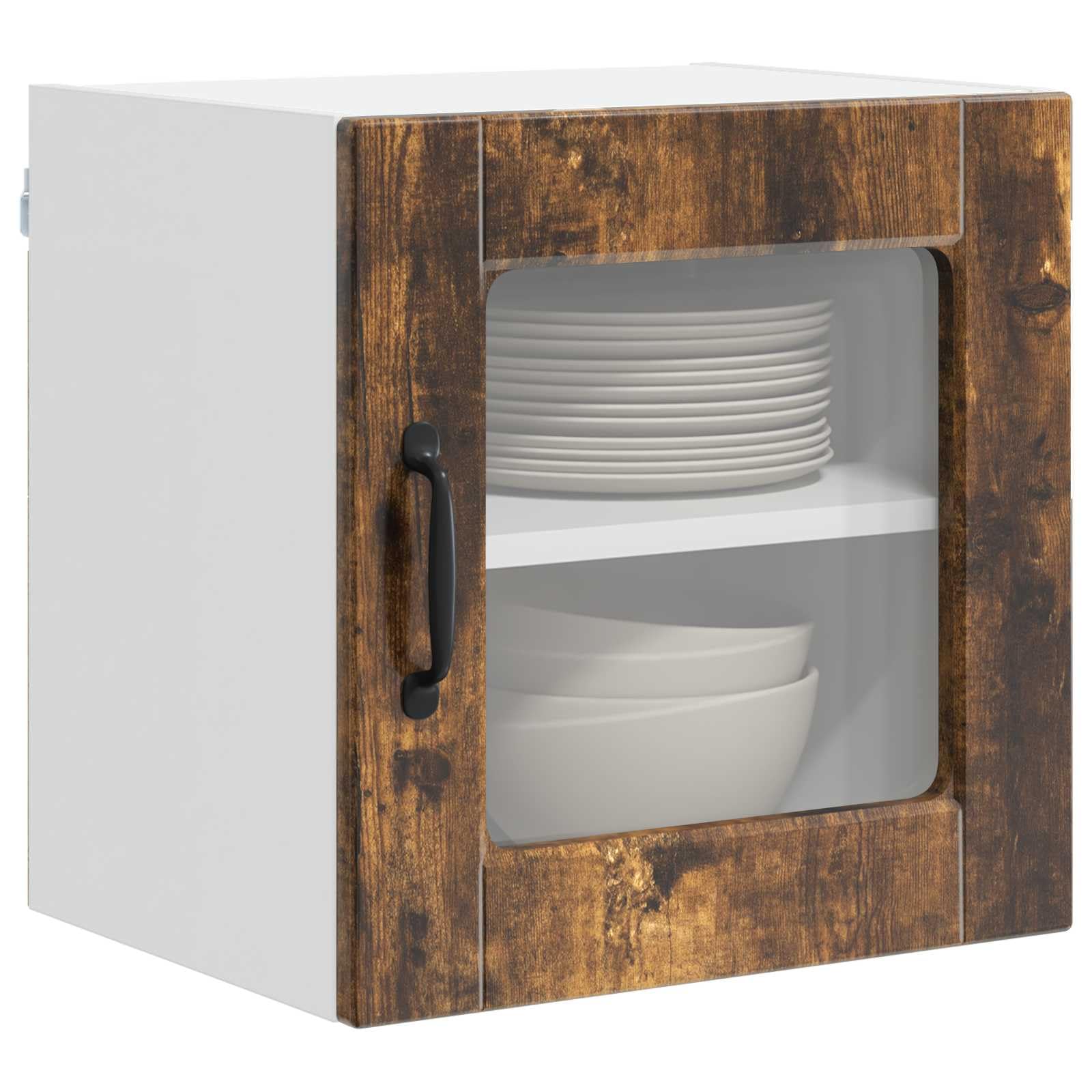 Armadietto da parete in vetro Porto, rovere affumicato, 40 x 31 x 40 cm, moderno mobile da cucina da parete in legno, molto spazio, elegante, robusto, per cucina e dispensa