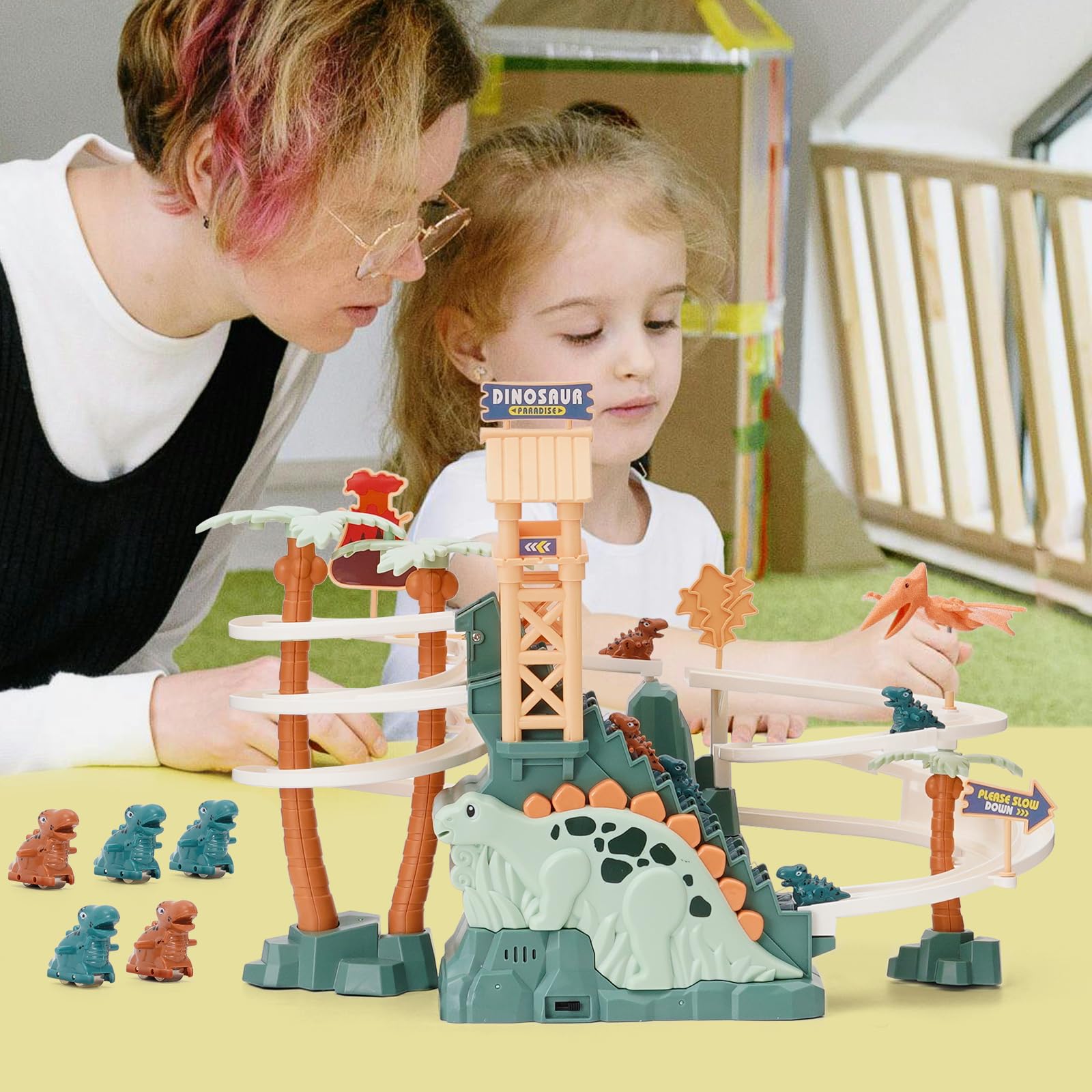 Piste de Course Jouet Dinosaure Escalade Escaliers Jouet Double Boucle Toboggan pour Enfants avec Musique Lumière Intelligence Puzzle Éducatif Playset pour Enfants Garçons Filles