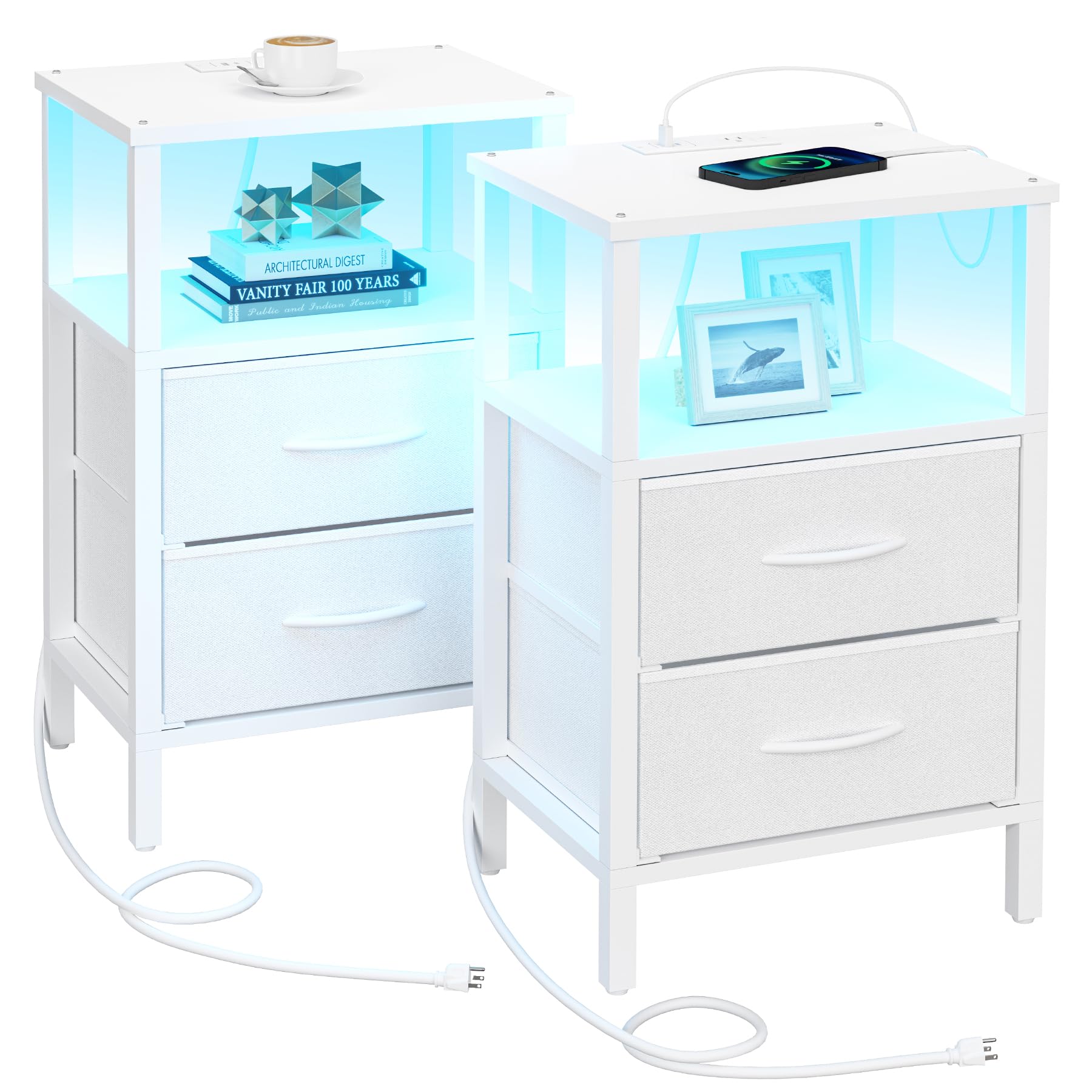 TUTOTAK LED End Table with Charging Station, Nightstand with Cloth Drawer, Side Table with Outlets, Set of 2, Couch Table, White TB01BW068