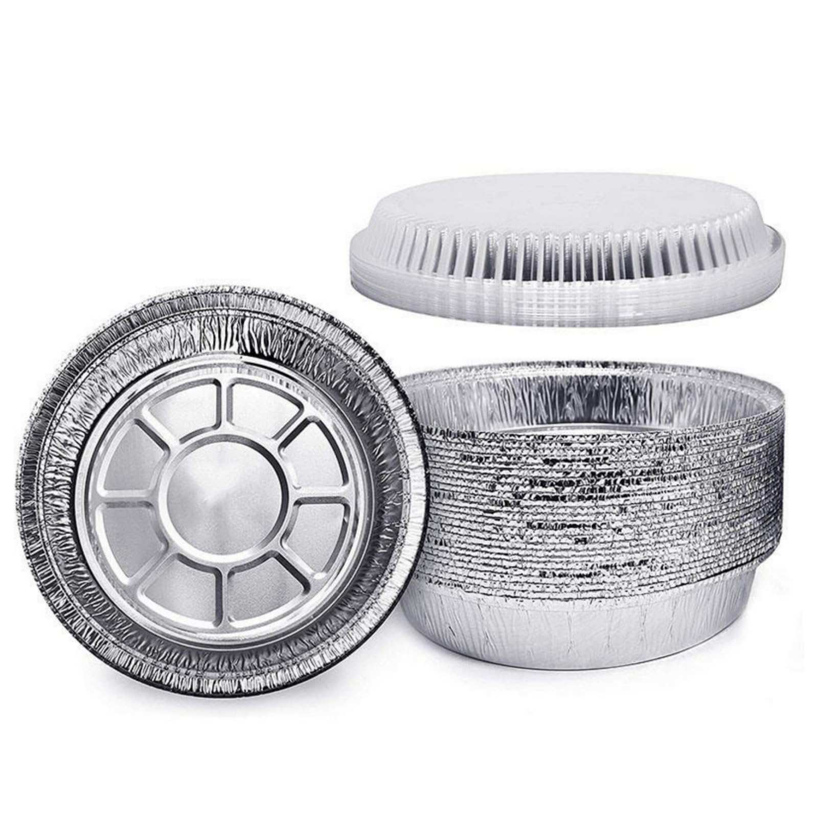 7'' Inch Round Tin Foil Pans Disposable Aluminum Pans with Clear Lids (30 Pack), Freezer & Oven Safe - For Baking, Cooking, Storage, Roasting, & Reheating, Recyclable, Pack of 30