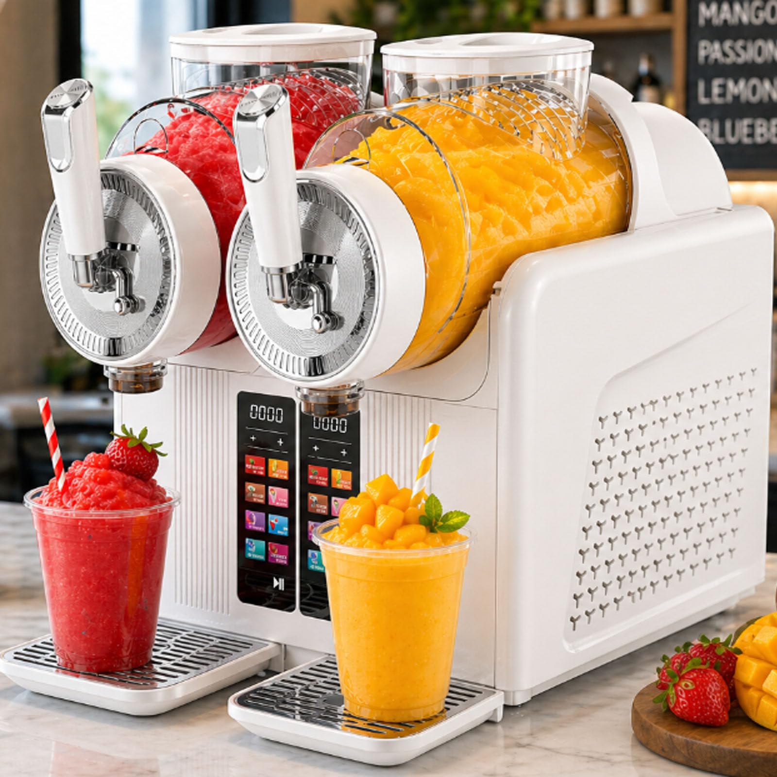 Máquina De Granizados De 430 W,7 En 1, Máquina De Helado Suave con Dos Depósitos De 2 litros, Limpieza Automática, Bloqueo Infantil, Dispensador De Bebidas Frías White