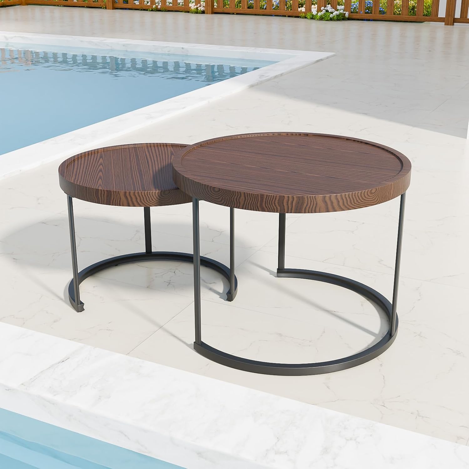 Cabana Chic Nesting Tables for Indoor Outdoor, Round Patio Side Tables, Nesting Coffee Table Set of 2, Brown