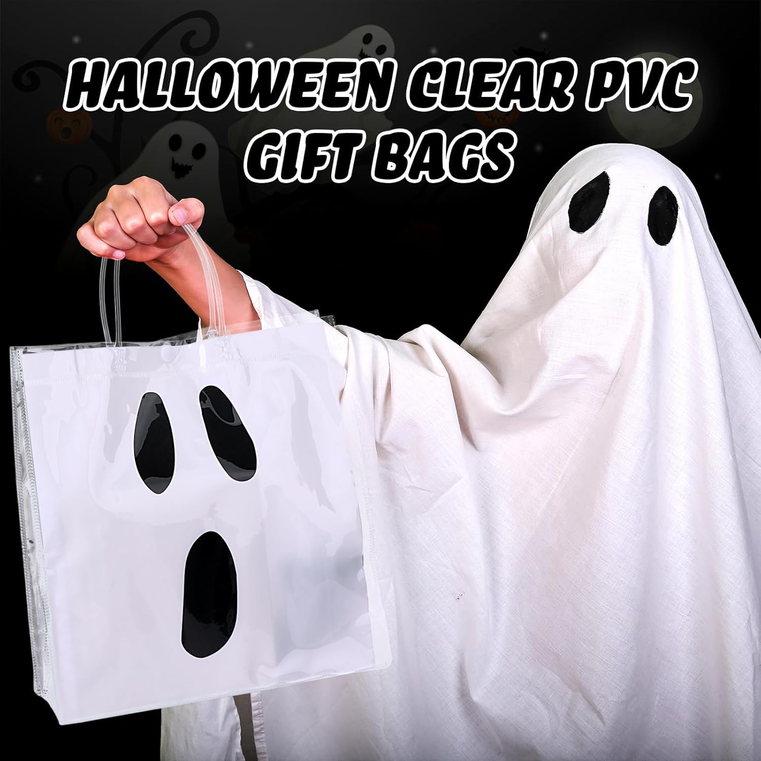 Kolldenn 24 Pcs Halloween Clear Plastic Gift Bags with Handle Trick or Treat PVC Pumpkin Goodie Candy Bags Reusable Tote Bag for Party Favor Gifts Supplies(Ghost,9.84x 9.84x 3.54 Inch) - Image 6