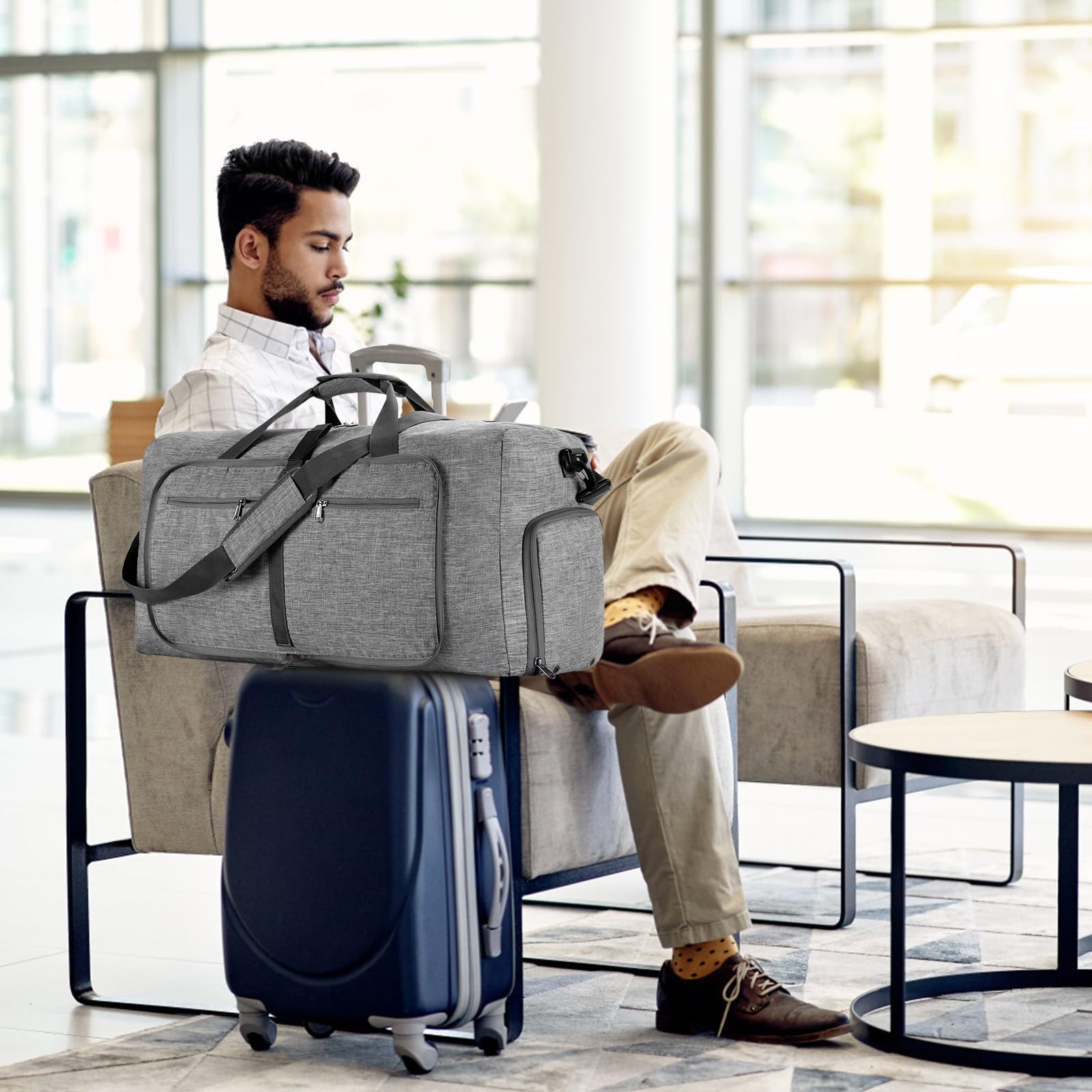 Borsone da Viaggio Grandi Pieghevoli Borsone Palestra Uomo Donne, Borsone Palestra Sportivo Impermeabile con Scomparto Scarpe per Campeggio, Viaggio, Sport e Vacanza (Grigio)