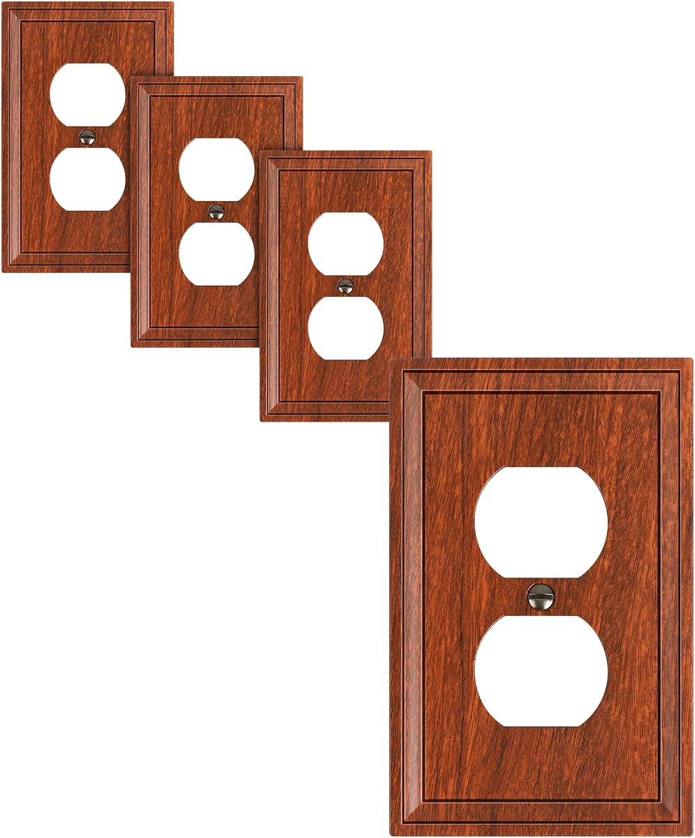 Paquete de 4 cubiertas de salida dúplex de fibra de bambú natural, placa de interruptor duradera | Placas de interruptor y cubiertas de salida, placas de pared decorativas para tomas de corriente, cubierta de receptáculo de 1 unidad, grano de madera