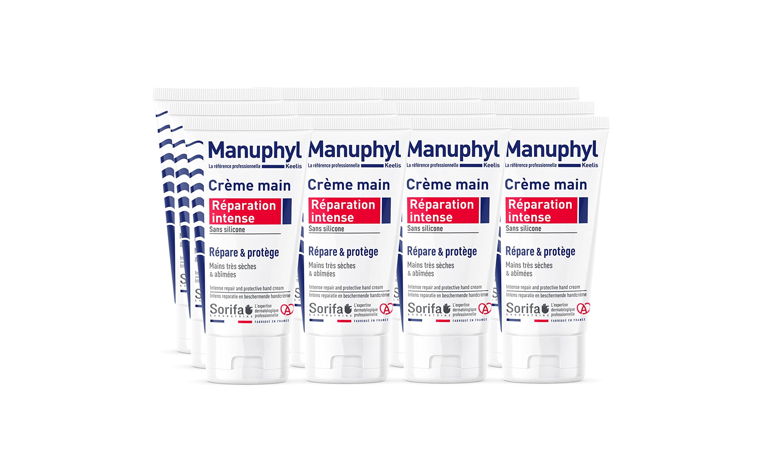 Set di 12 Manuphyl Crema Mani Riparazione Intensa - Mani molto secche e danneggiate - Poco grasso, leggermente profumato, arricchito con glicerina e proteine del grano - Tubo 50 ml