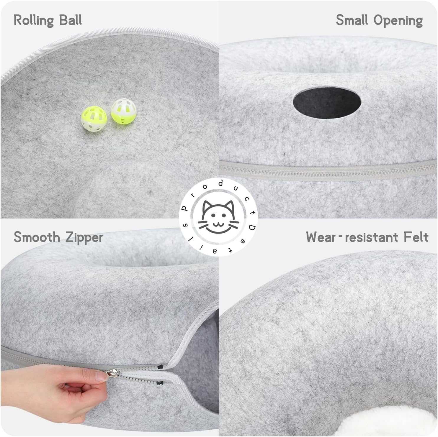 RIZZARI 20 * 20 * 8 Inches Small Cat Tunnel Bed, Peekaboo Cat Cave for Indoor Cats, Comfortable and Washable Cat House, Detachable Donut Pet Bed for Cats and Kittens (Small, Light Gray)