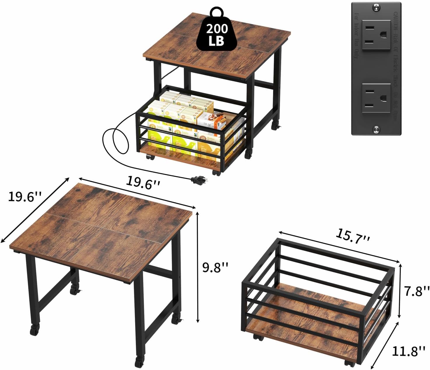 Mini Fridge Stand with Pull-Out Basket, 19.7" x 19.7" Large Tabletop Heavy Duty Stand with Adjustable Feet & Wheels, for Kitchen, Dorm, Office, Rustic Brown and Black