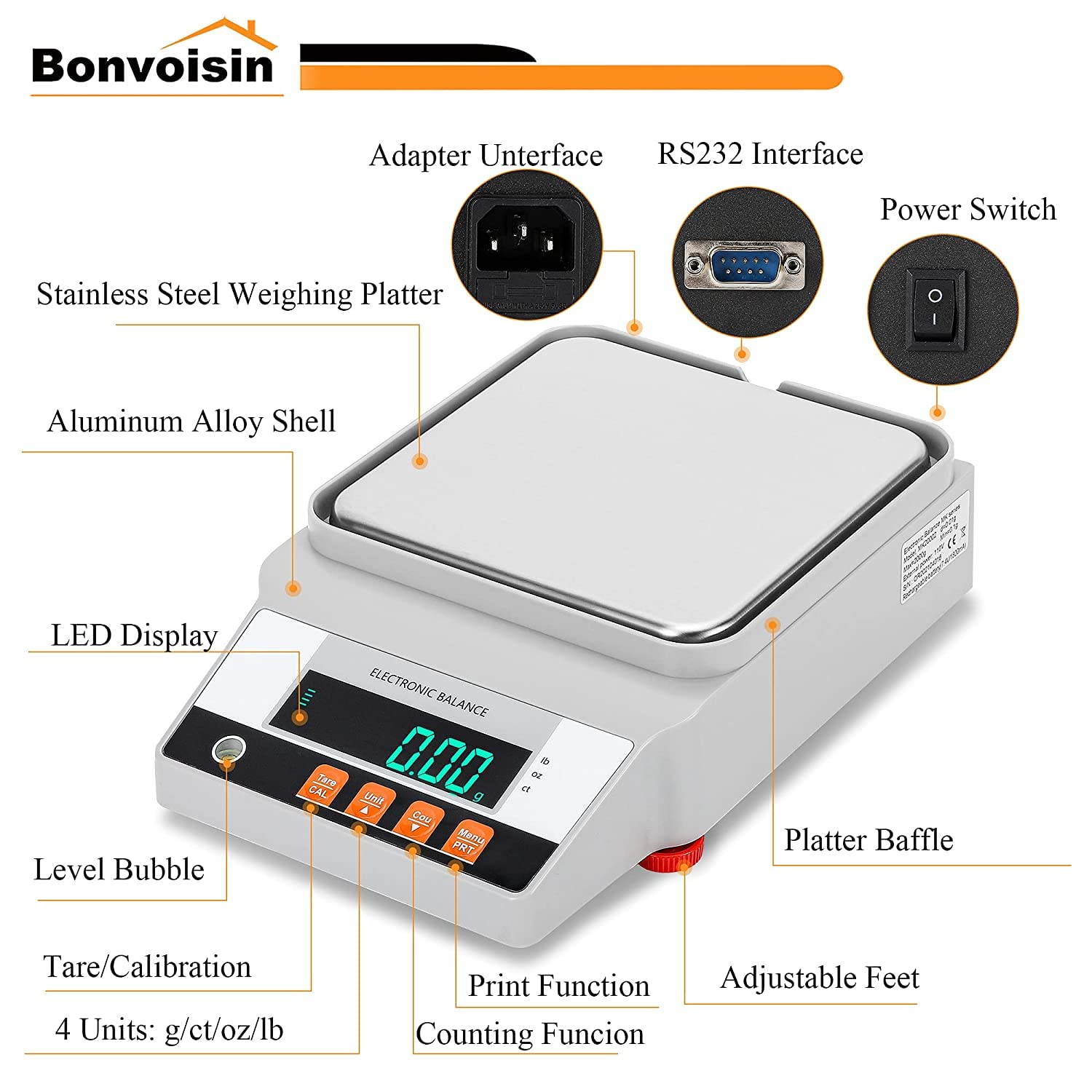 Bonvoisin Balanza de laboratorio 5000gx0.01g Digital Precision Scale con interfaz RS 232 Científica de Laboratorio Balanza de Equilibrio Analítico Electrónico Balanza de Joyería Báscula de Cocina