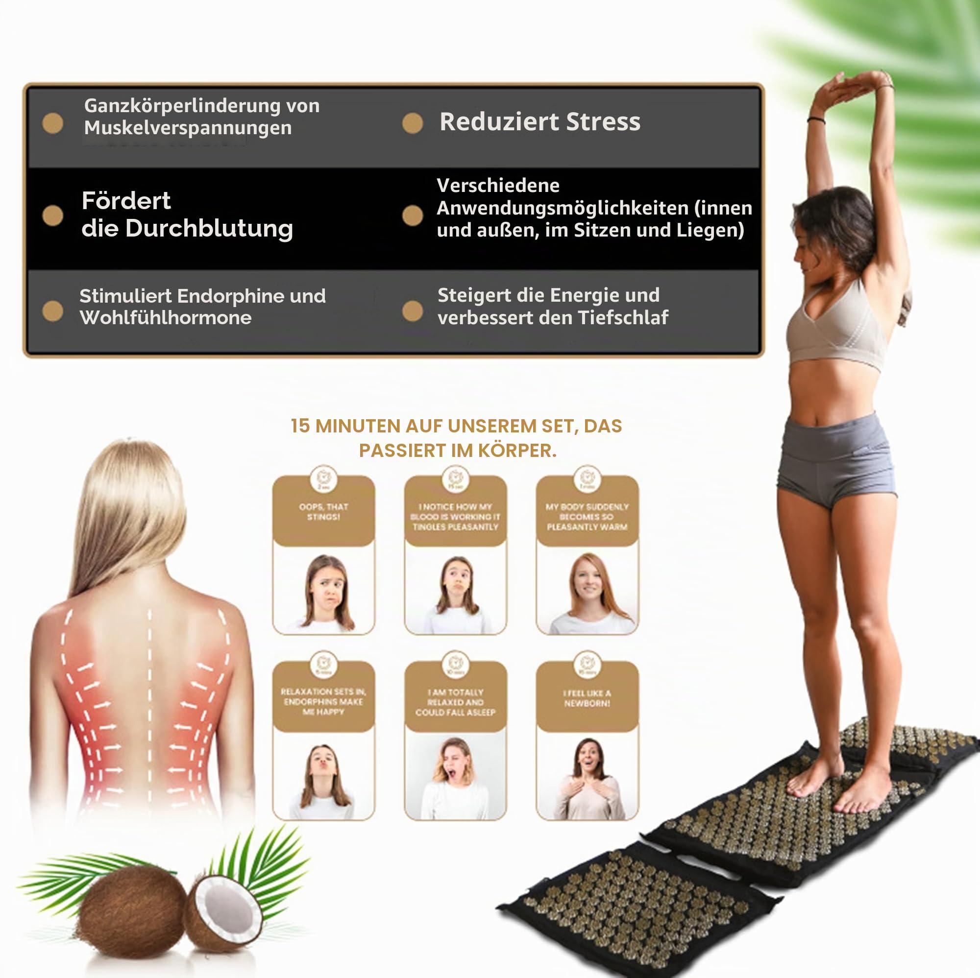 Akupressurmatte XXL (6-teilig) mit ergonomischem Kissen & Wärmfunktion – Ganzkörpermassage zur Linderung von Verspannungen, Rücken- und Nackenschmerzen inkl. Tasche & Anleitung (Schwarz-Gold)
