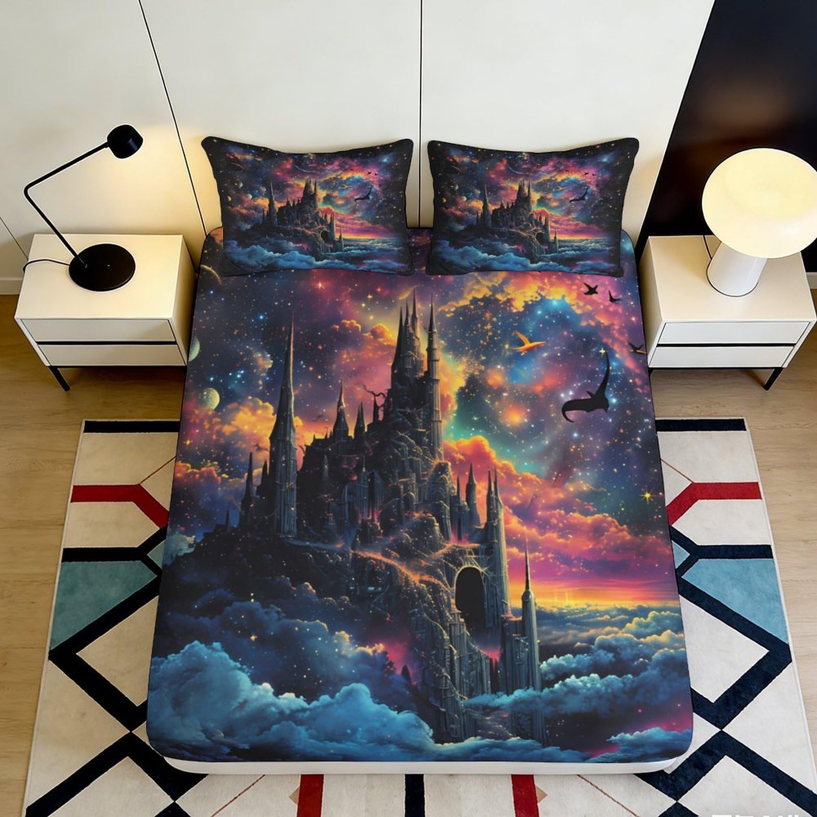 Pnayamiorkfel Style-10 3D Printed Fantasy Castle Fitted Sheet Microfiber Decor Starry Sky Mattress Cover For Bedroom Dorm Protection 90X200x25cm