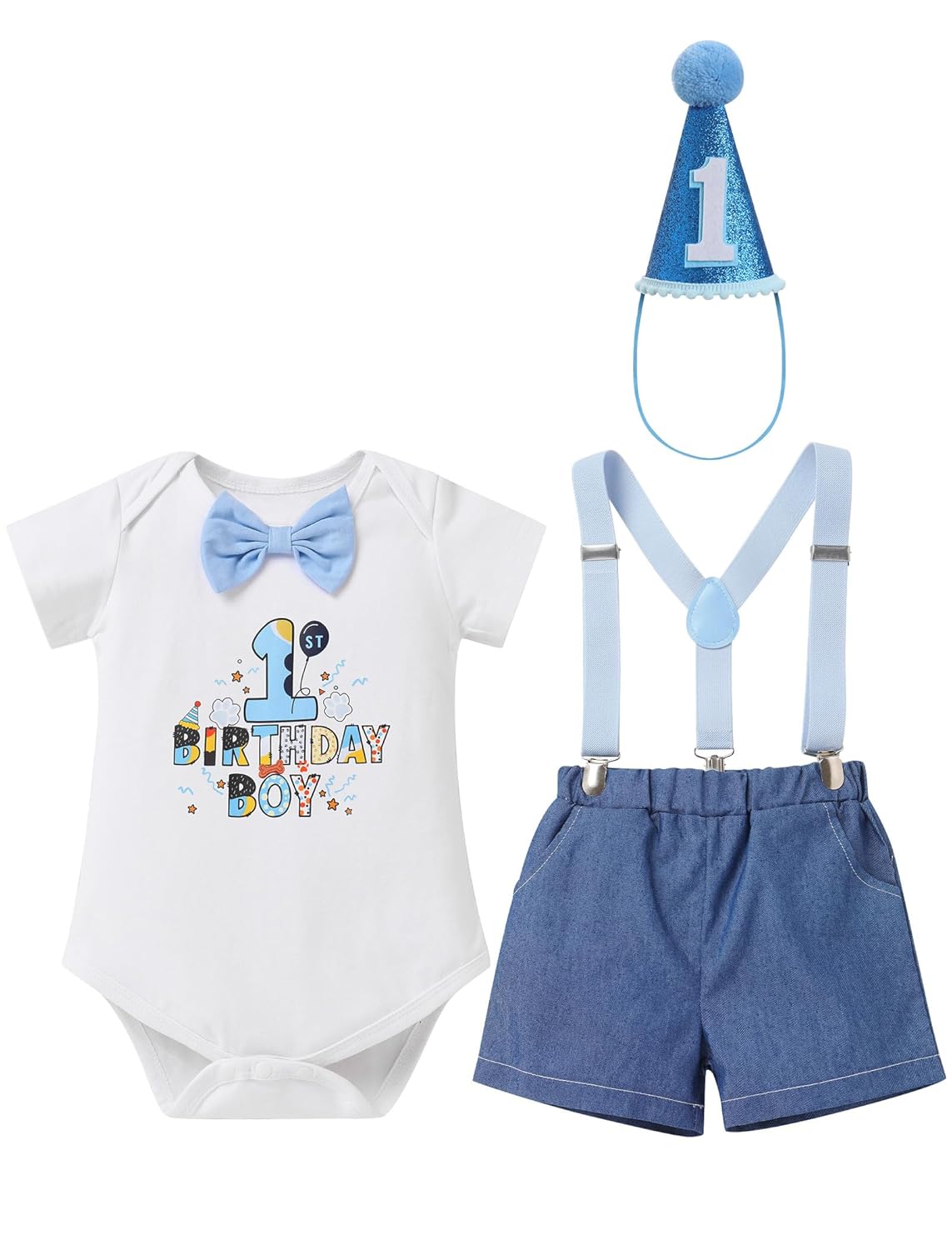 IMEKIS Baby Boys 1st 2nd Birthday Outfit Blue Bowtie Romper Suspenders Hat 3PCS Sets Cake Smash Photo Shoot