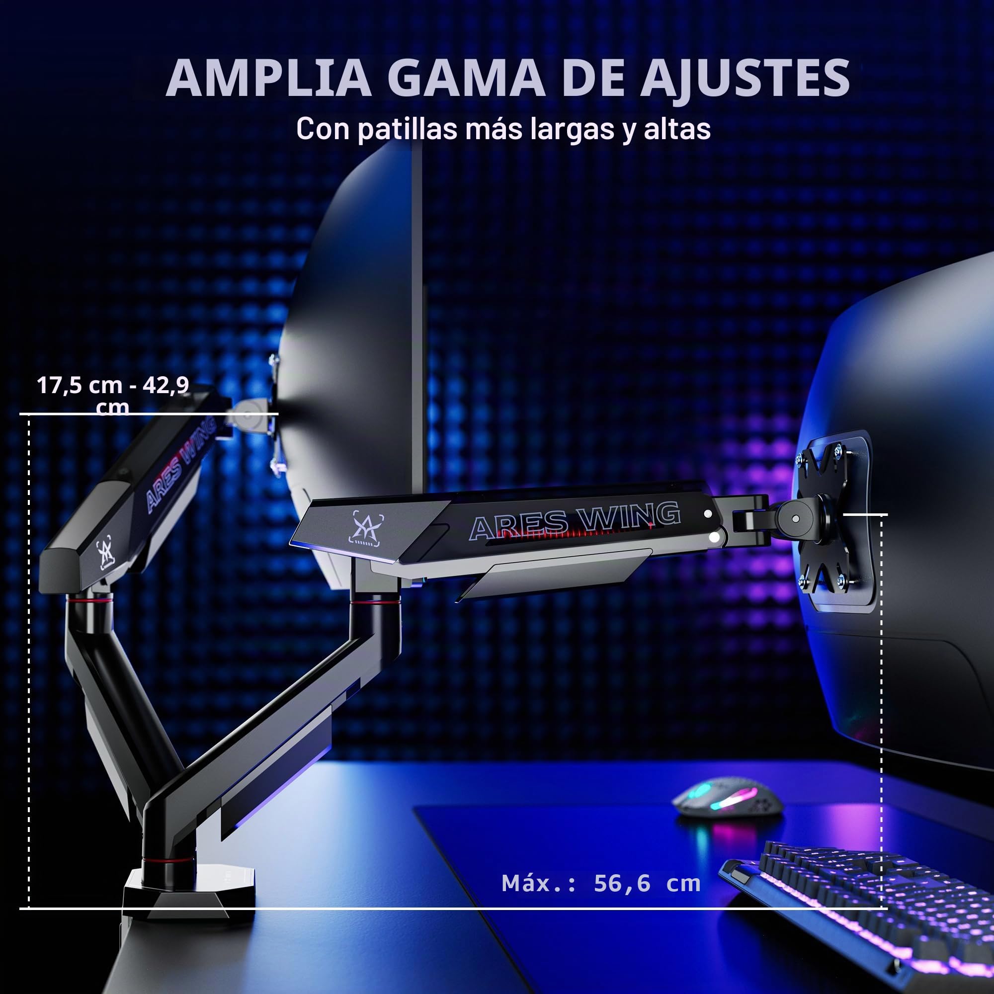 Ares Wing Soporte Monitor Doble 17-35", Brazo Ajustable 12 kg/Arm, Negro | Brazo monitor ergonómico con giro 360°, inclinación, altura ajustable, VESA 75/100mm y gestión de cables