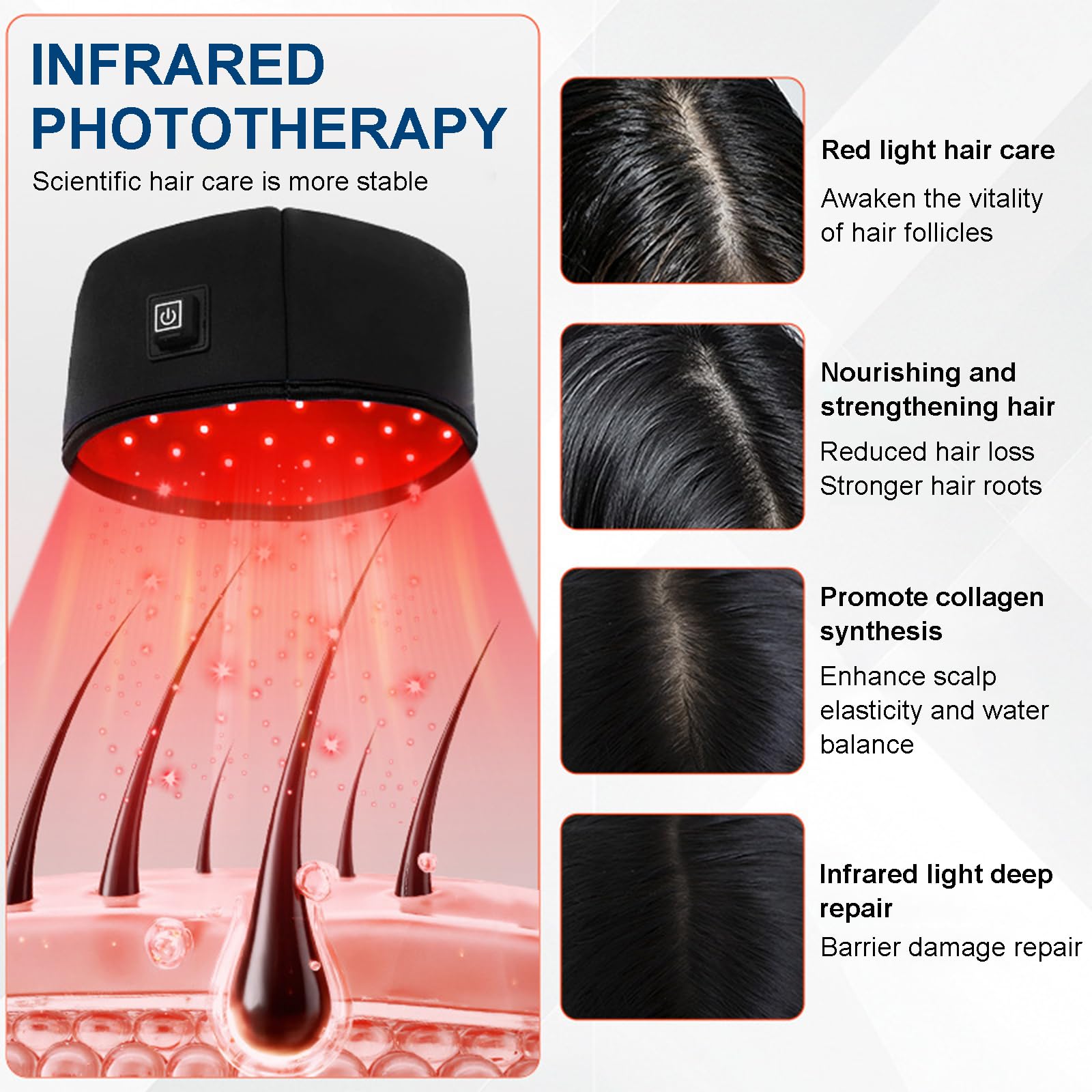 GOURIXIN Cappellino Ricrescita Capelli, Casco Laser anticaduta Capelli Terapia con Luce Rossa e Infrarossi (660nm/850nm) con Funzione Impulso, 3 modalità e Timer, Stimolare Crescita Capelli Black