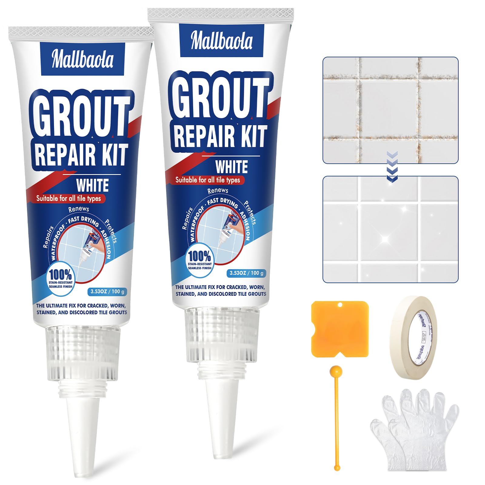 Riparazione Fughe Piastrelle Bianco, 2 Pack Kit Riparazione Piastrelle, Stucco per Piastrelle per Bagno e Doccia, Pavimenti e Pareti Cucina, Ripristina e Rinnova Giunzioni, Asciugatura Rapida