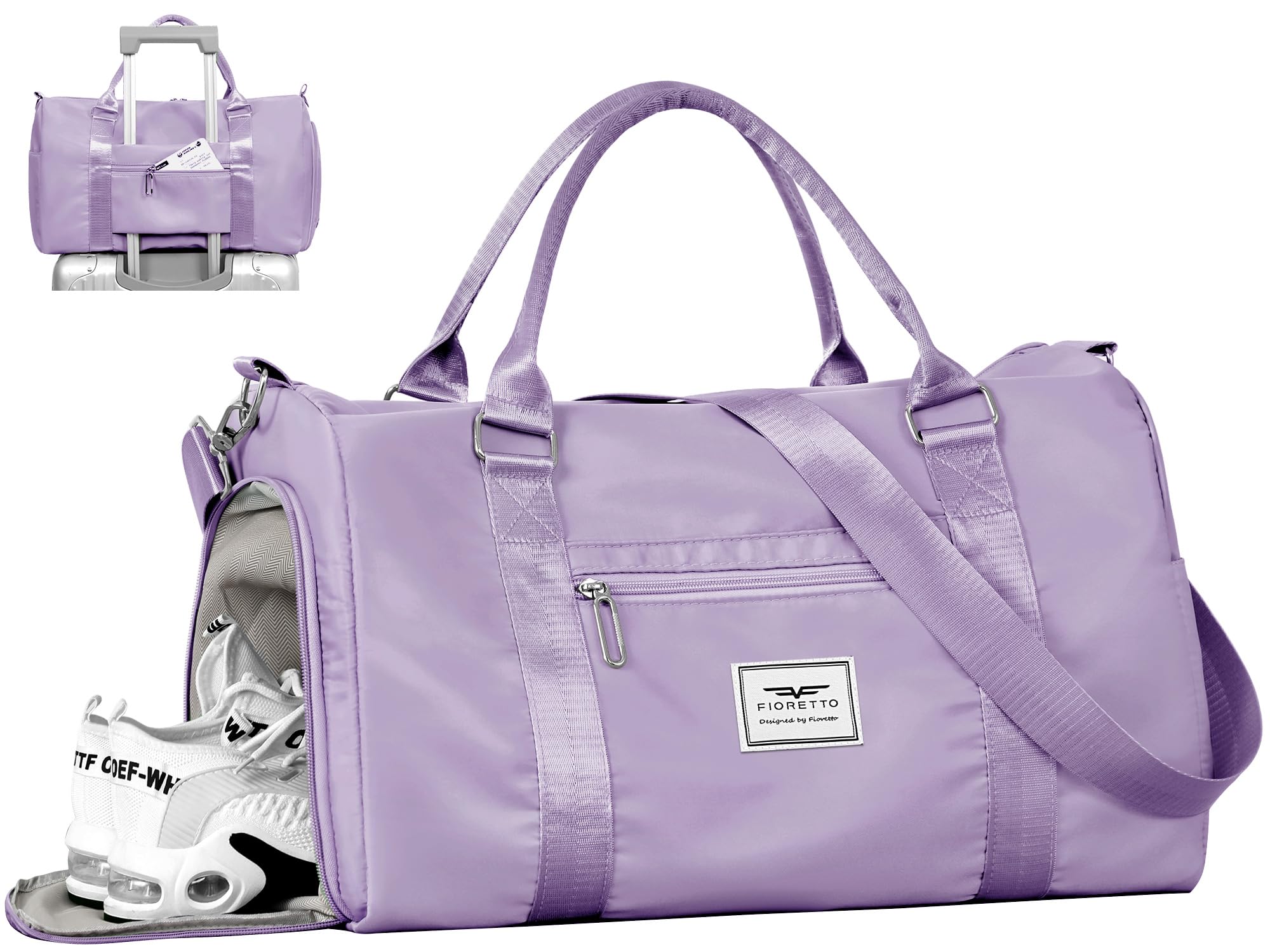 FIORETTO Womens Gym Tote Duffle Bag with Wet Pocket &amp; Shoe Compartment, Sports Duffel Overnight Weekender Hospital Workout Carry on Bag for Girls, Ideal for Travel, Swimming, Dance, Ballet Purple