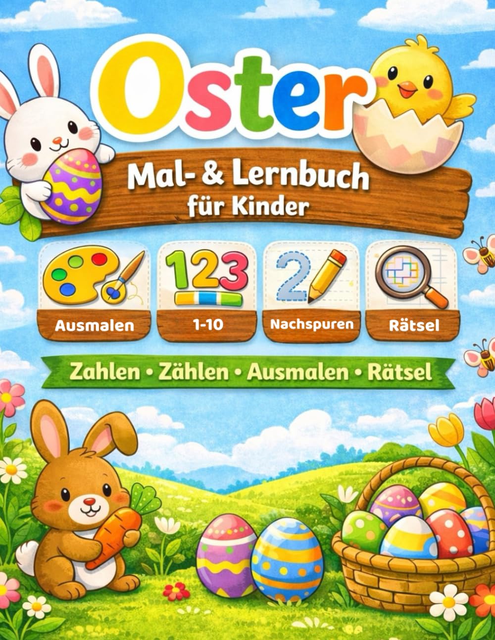 Oster Mal -und Lernbuch für Kinder: Zahlen 1-10 lernen, Zählen, Ausmalen und Rätsel - Beschäftigungsbuch ab 4 Jahren für Kindergarten und Vorschule