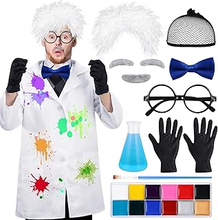 10 Pcs Adult Halloween Cos Mad Scientist Costume Set Scientist Wig Scientist Goggles Lab Coat Gloves for Men and Women