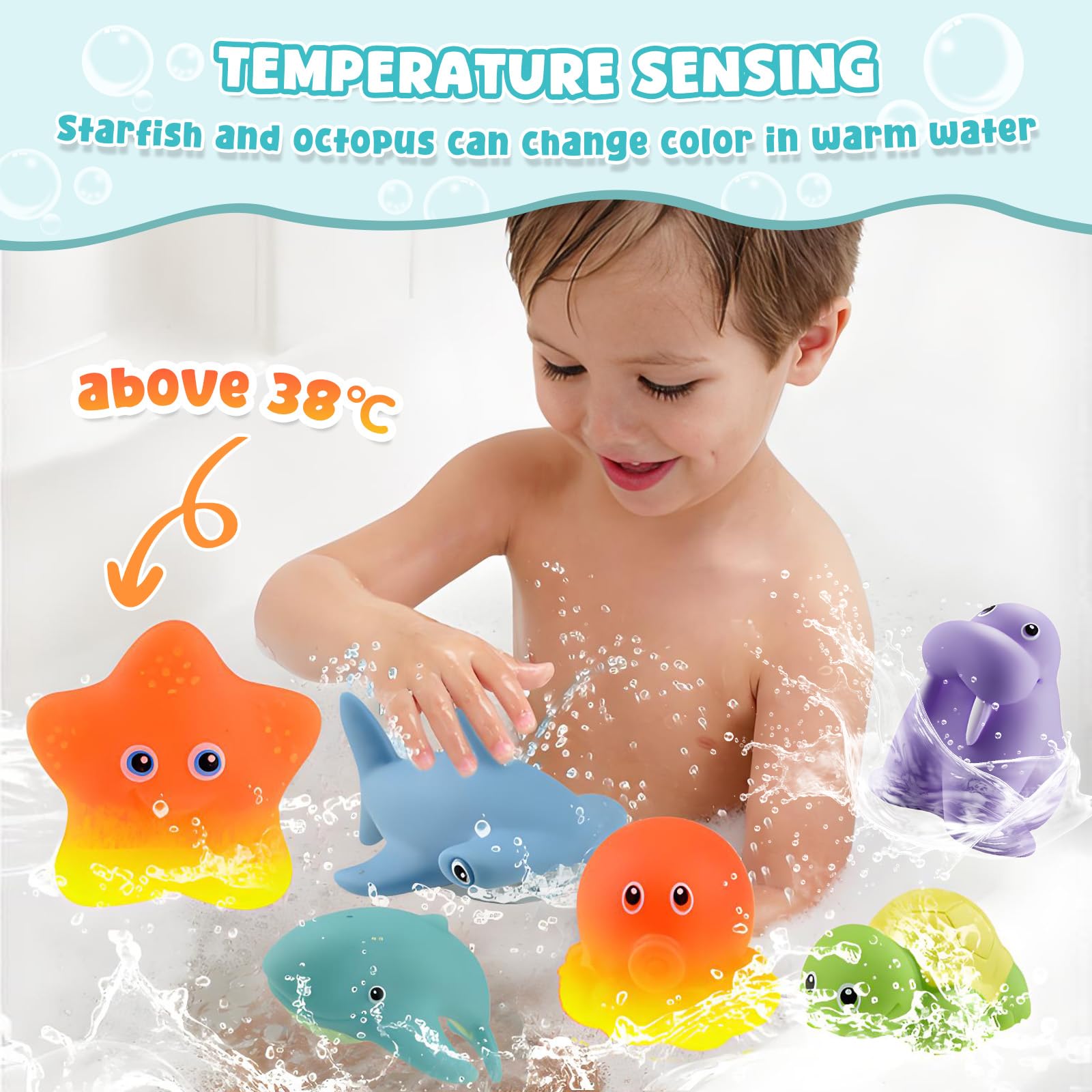 Giochi Bagnetto 8 Pezzi Giocattoli da Bagno per Bambini, Giochi Bagnetto Neonato, Giochi Vasca da Bagno Bambini Giochi Acqua Bagnetto Animali Giocattolo con Rete da Pesca e Borsa Portaoggetti
