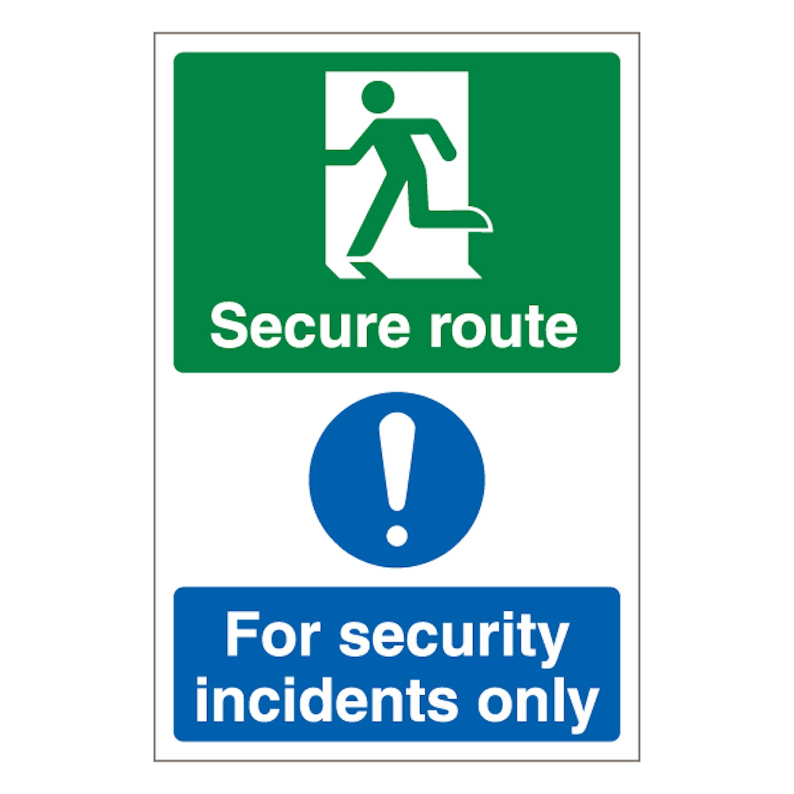 V Safety Secure Route Left/Security Incidents Only - Portrait 300 x 400 mm - Glow In The Dark 1mm Rigid Plastic Safety Sign