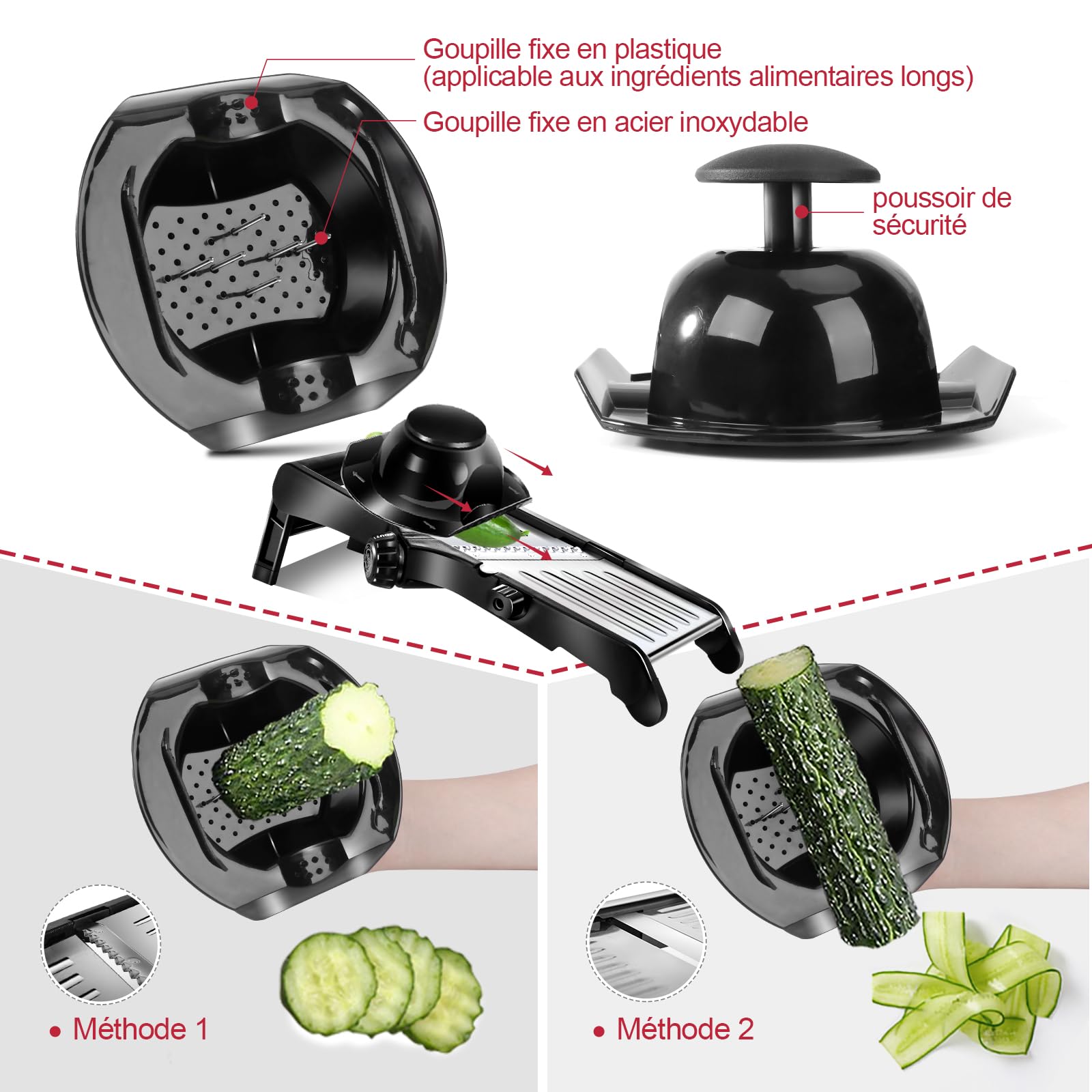 Masthome Mandoline de Cuisine Professionnelle en Inox, Coupe Legumes Multifonctions avec Epaisseur de Tranche Réglable, Mandoline Japonaise avec Gants et Brosse à Dents, pour Tranche et Julienne