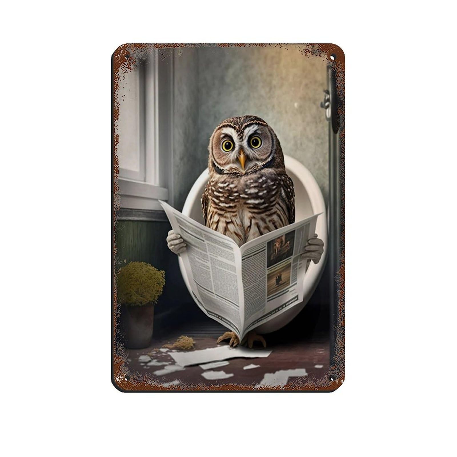 Owl Sitting on The Toilet Reading A Newspaper Tin Sign Vintage Metal Pub Club Cafe Bar Home Wall Art Decoration Poster Retro 8x12inch(20x30cm)