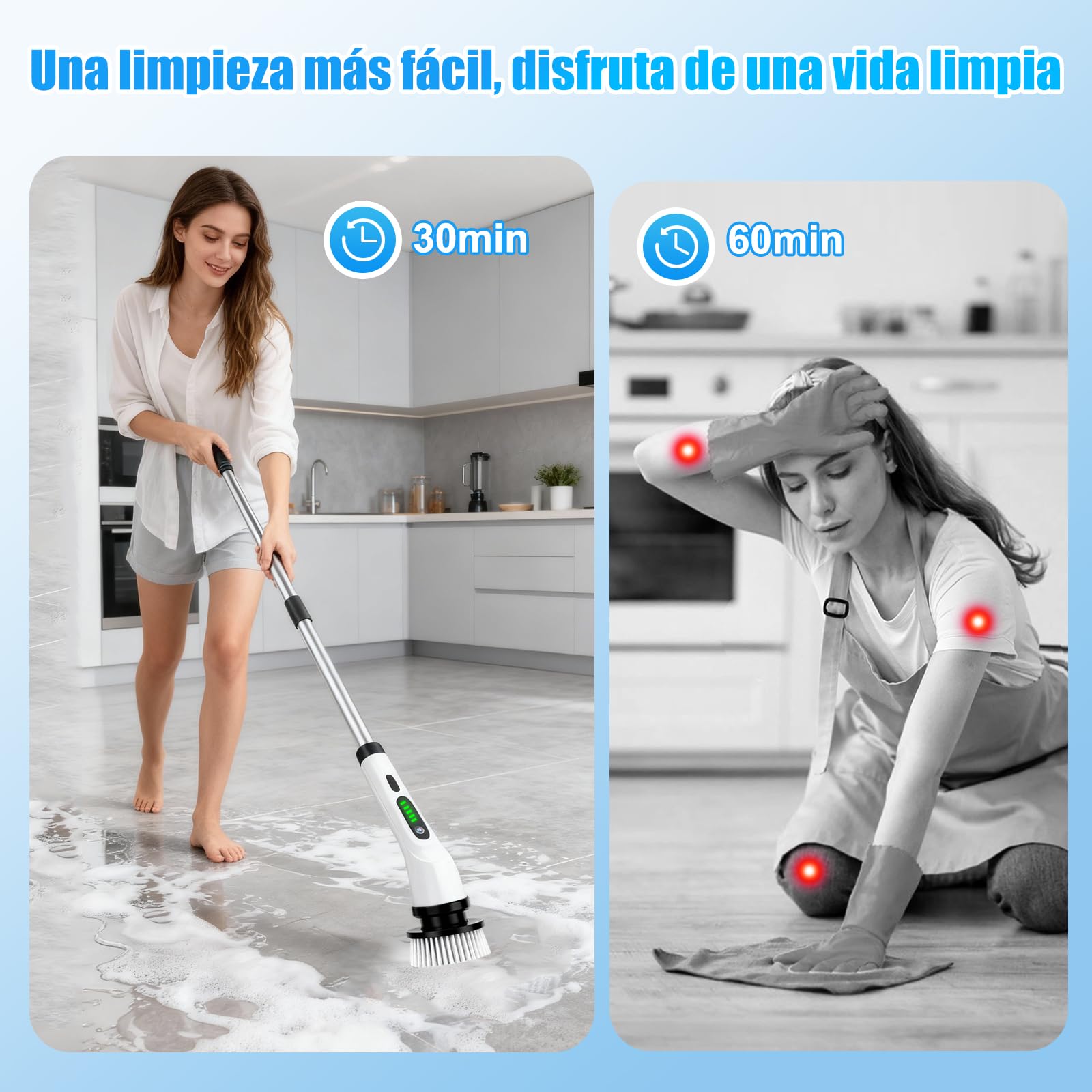 PATEMZON Cepillo Electrico Limpieza Hogar, Cepillo Limpieza Electrico-IPX7 con 9 Cabezales Reemplazables, Dos Velocidades Regulables y Mango Telescópico, para Baño, Cocina, Coche, Azulejos
