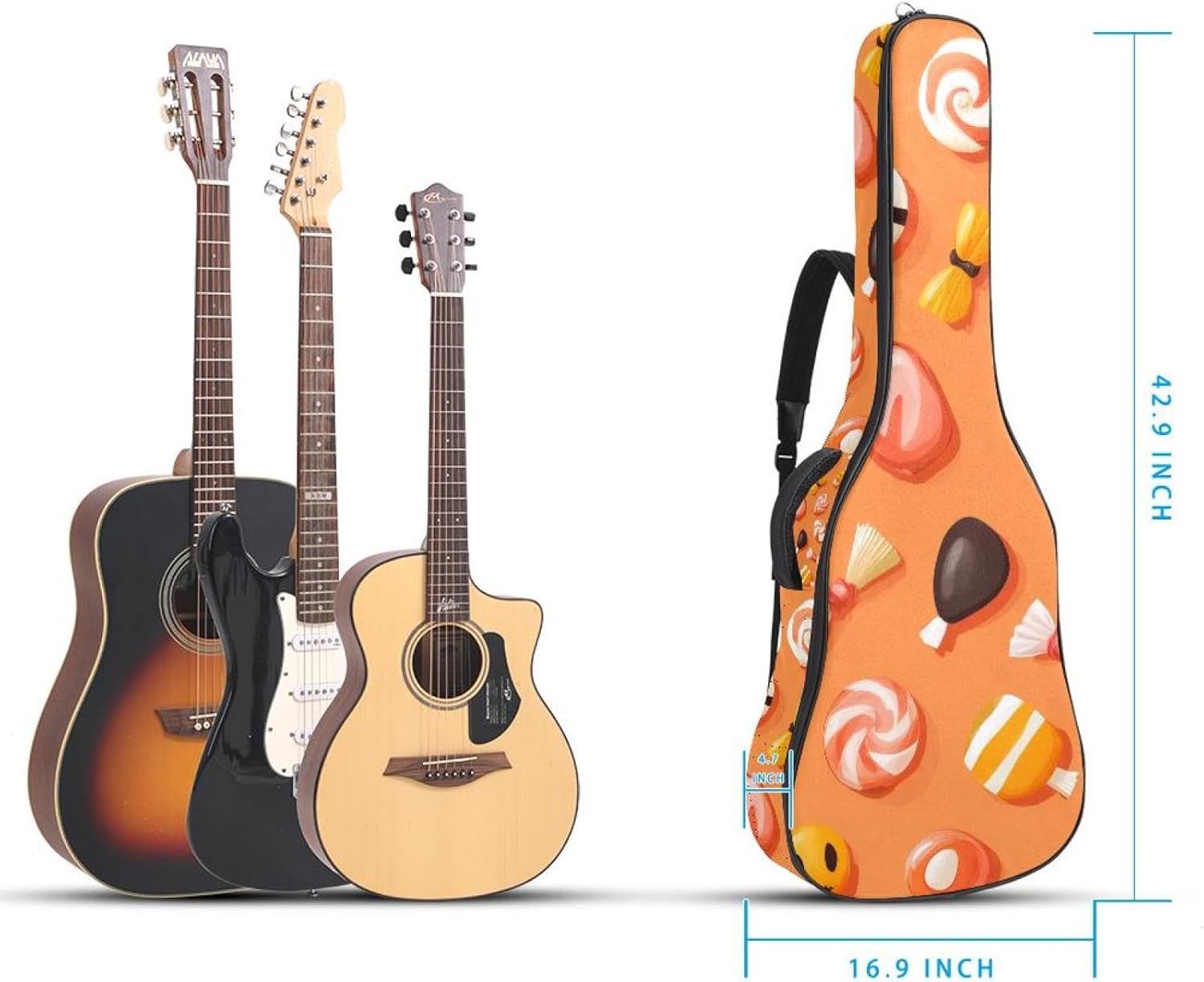 40 41 42 Inch Acoustic Guitar Bag, 0.4 In Thick Sponge Padded Guitar Case Gig Bag with Back Hanger Loop and 2 Pockets, Seamless Halloween Candies