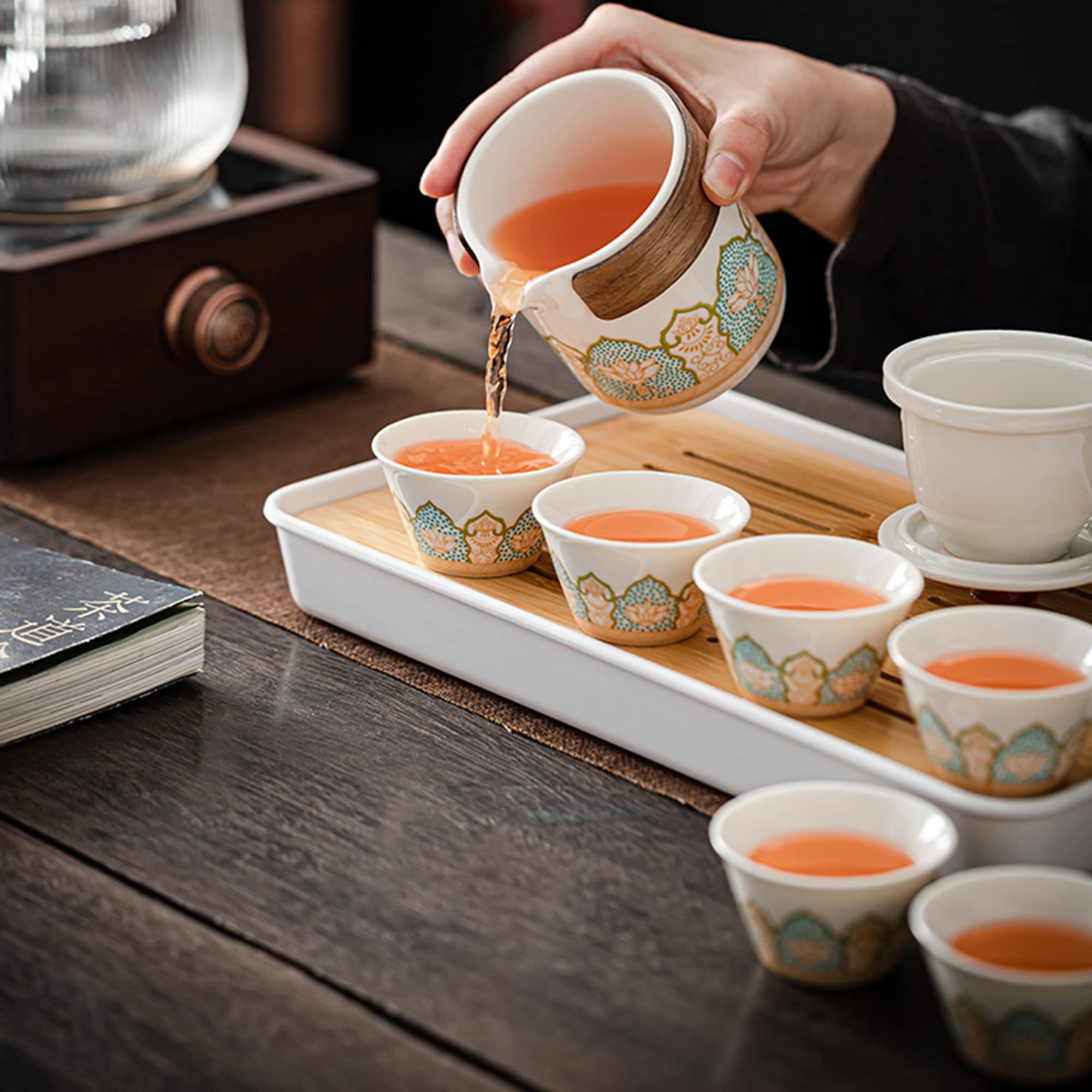 fanquare Tetera de Porcelana China con Colador, Juego de Té de Cerámica Kungfu con Bolsa de Viaje, Lata de Té y Tabla de Té, Juego de Té Floral para Adultos, Blanco