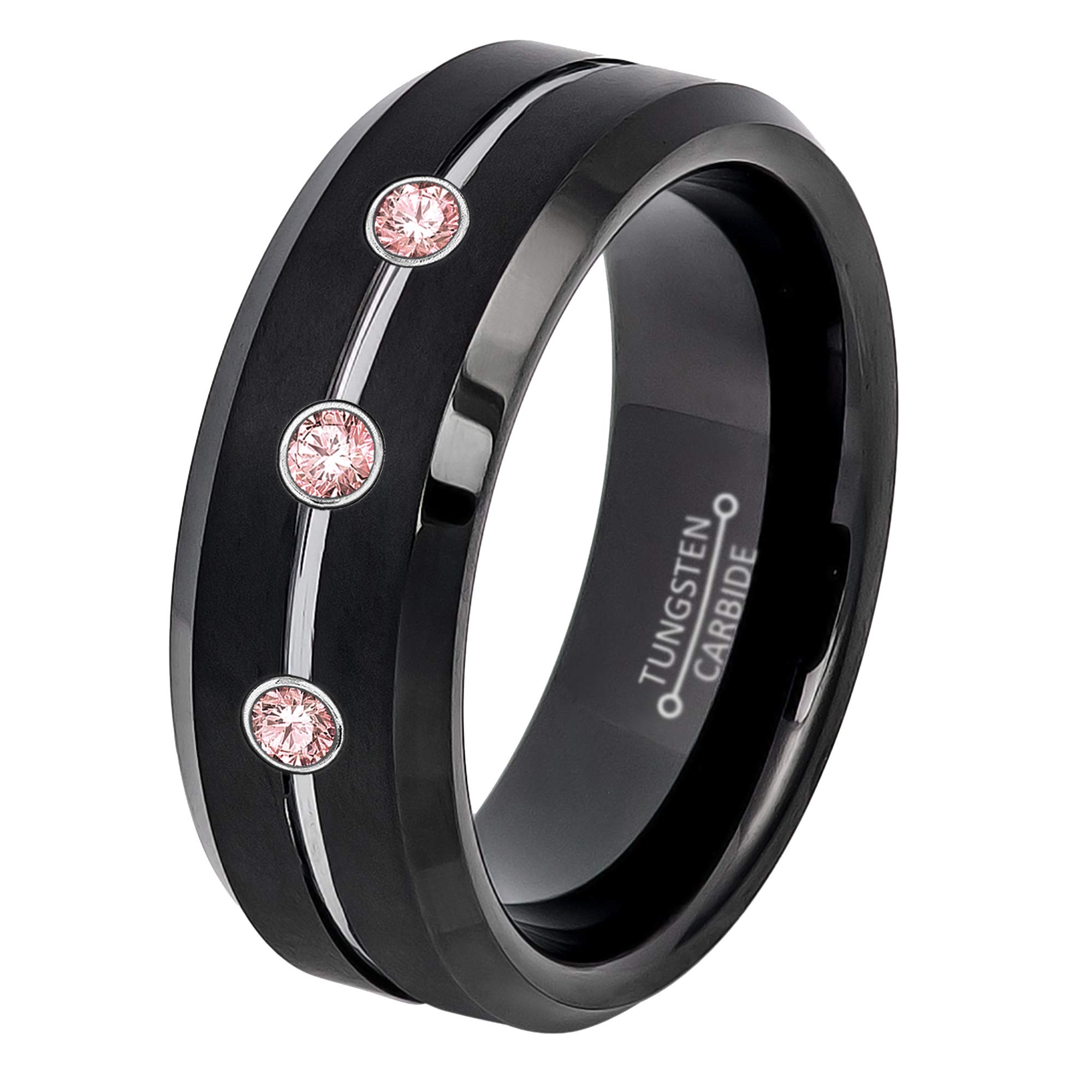 0.21ct Pink Tourmaline 3-Stone Tungsten Ring - October Birthstone - 8MM Black Ion-Plated Brushed Fin