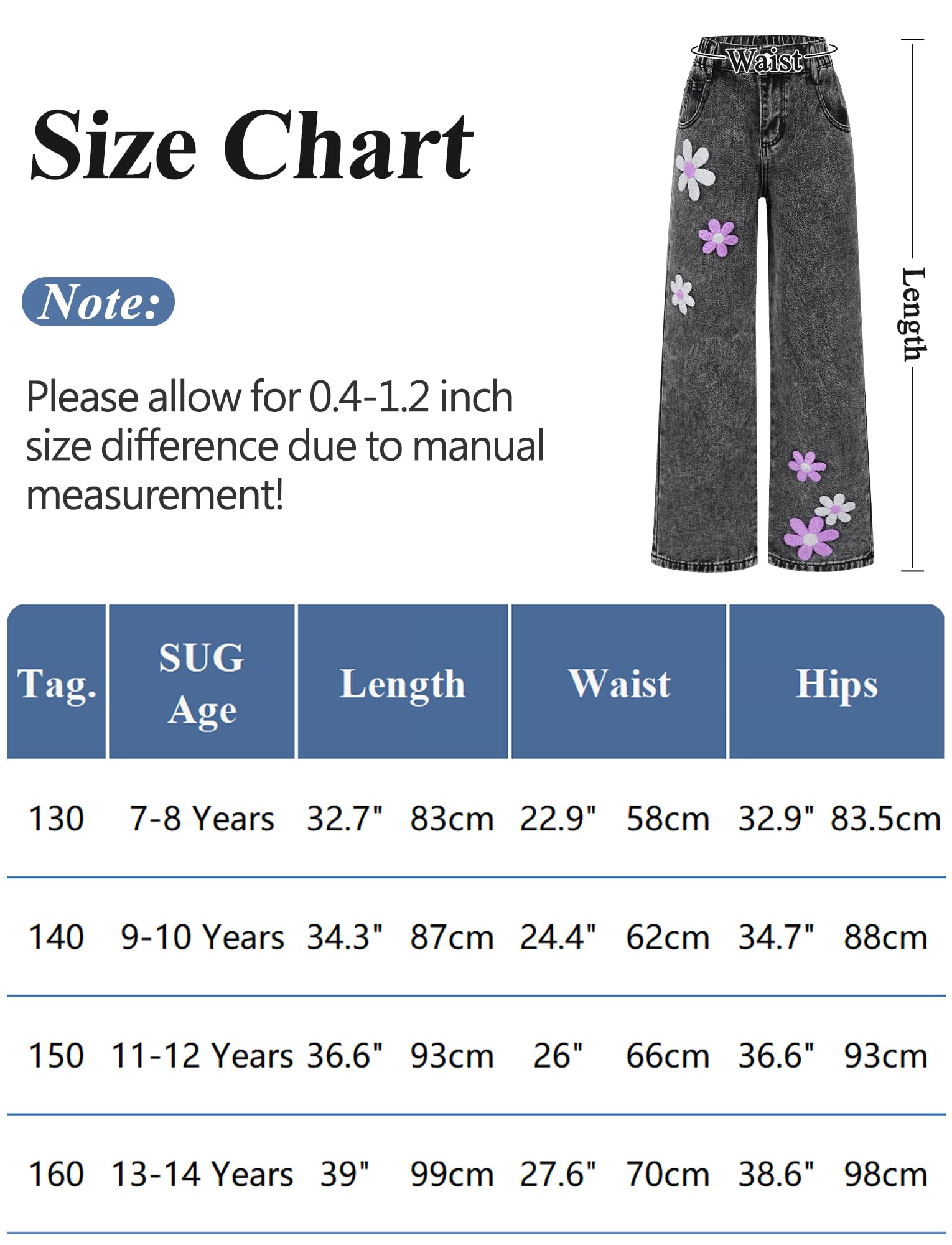 Happy Cherry Jeans Fille Jambe Large avec Florale Broderie Baggy Denim Pantalon Élastique Taille pour Enfants 7-14 Ans