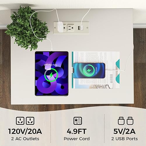 Miniatura 3 de RoyalCraft - Mesita de noche con estación de carga, con 2 cajones de almacenamiento, mesa auxiliar alta con diseño acanalado de madera para