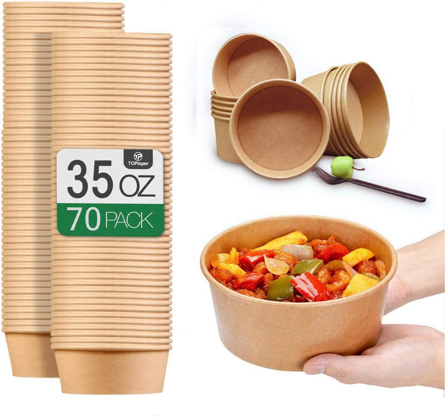 35 Oz Large Paper Bowls【WITHOUT LIDS】 70 Pack Disposable Soup Bowls Plastic Free Party Supplies for Hot/Cold Food, Soup (35 OZ)