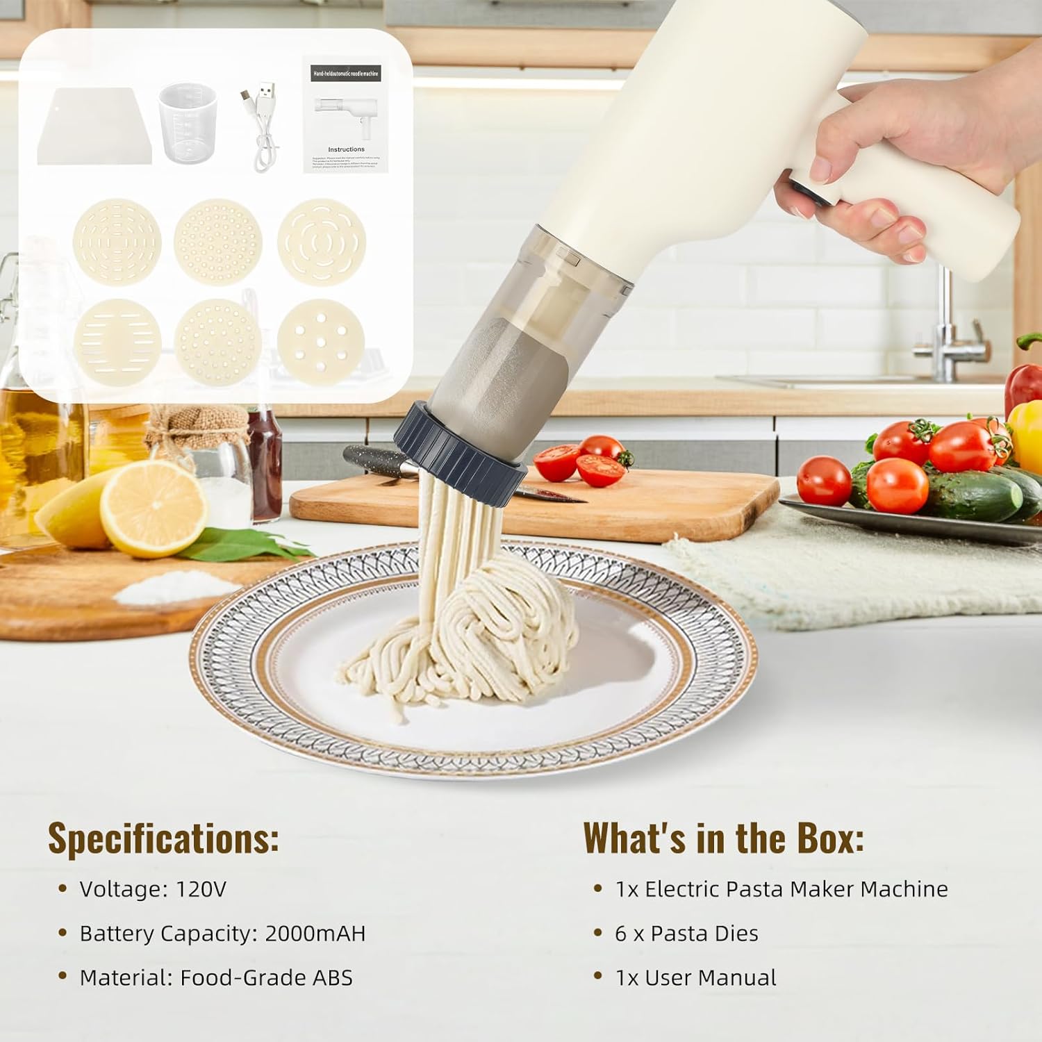 Handheld Electric Pasta Maker, 5-in-1 Cordless Noodle Maker Machine With Multiple Molds And Cutting Tools, Portable Pasta Maker Machine, Automatic Spaghetti Maker Pasta, Easy to Clean