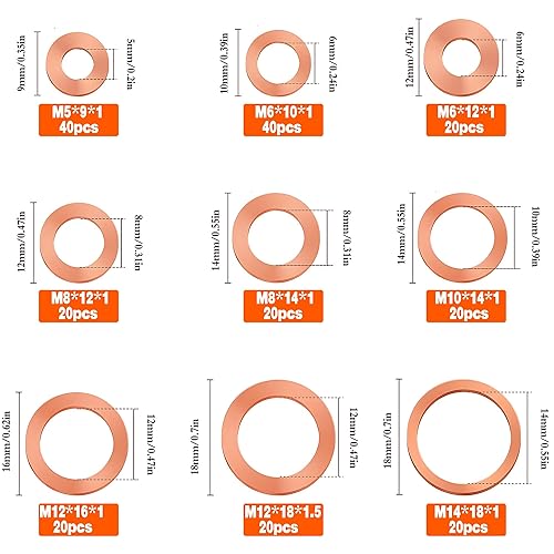 Miniatura 2 de Juasky Surtido de 220 arandelas de cobre trituradas, 9 tamaños métricas de cobre, kit surtido de arandelas de cobre M5 M6 M8 M10 M12 M14 arandela de