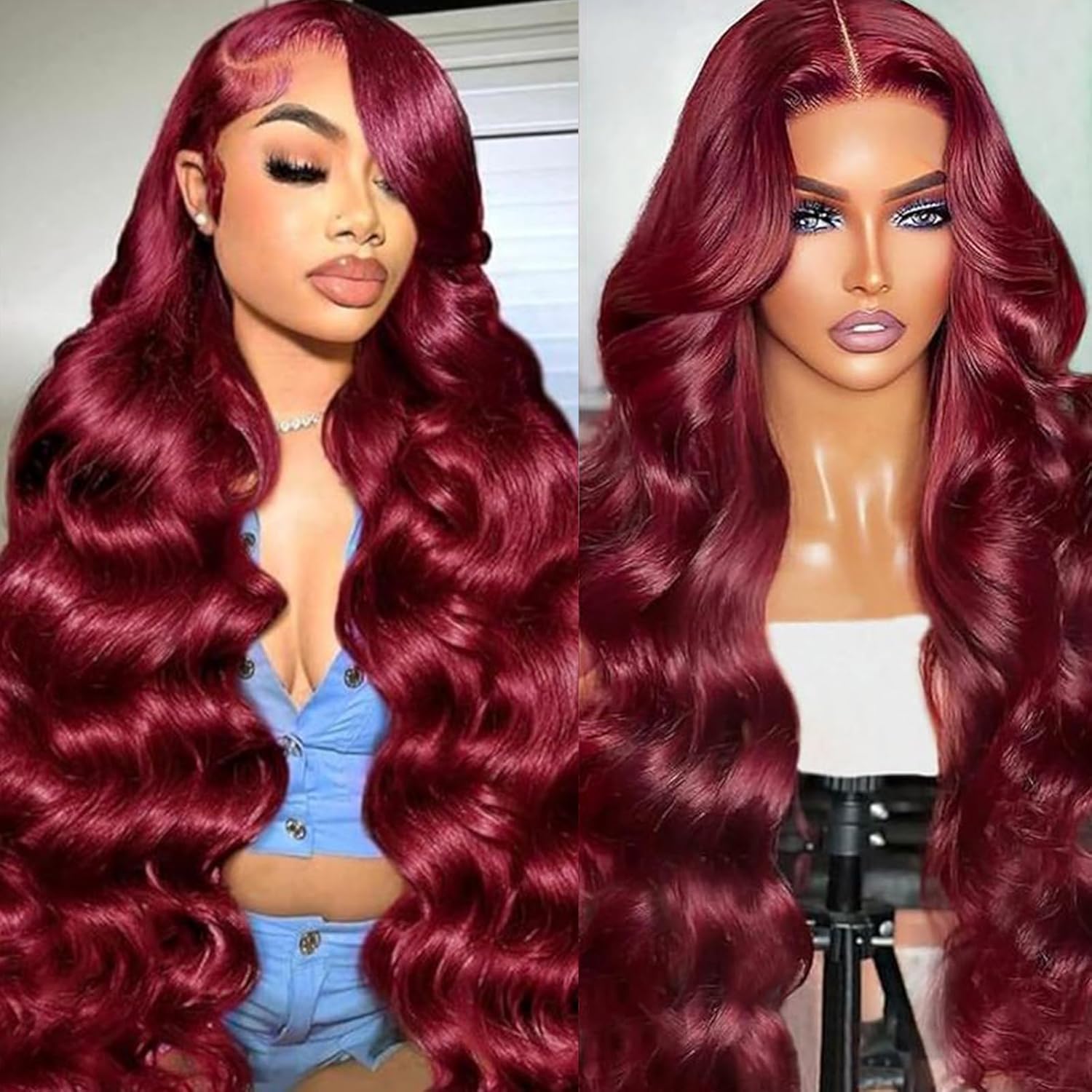 99J Burgundy Lace Front Wigs Human Hair 13x6 HD Transparent Body Wave Lace Front Wigs Pre Plucked 99j Burgundy Red Wine Glueless Human Hair Wigs for Women Reddish Brown 200% Density 32 Inch